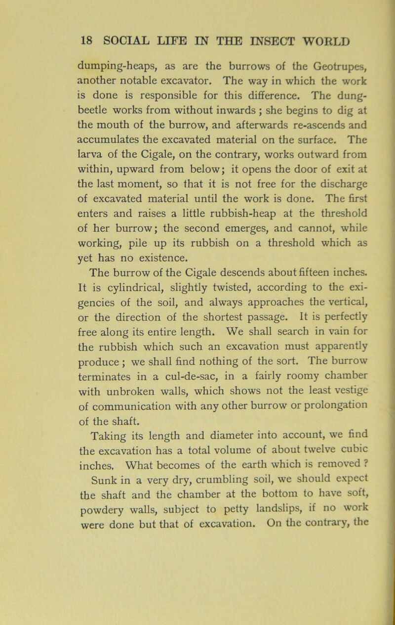 dumping-heaps, as are the burrows of the Geotrupes, another notable excavator. The way in which the work is done is responsible for this différence. The dung- beetle works from without inwards ; she begins to dig at the mouth of the burrow, and afterwards re-ascends and accumulâtes the excavated material on the surface. The larva of the Cigale, on the contrary, works outward from within, upward from below; it opens the door of exit at the last moment, so that it is not free for the discharge of excavated material until the work is done. The first enters and raises a little rubbish-heap at the threshold of her burrow; the second emerges, and cannot, while working, pile up its rubbish on a threshold which as yet has no existence. The burrow of the Cigale descends about fifteen inches. It is cylindrical, slightly twisted, according to the exi- gencies of the soil, and always approaches the vertical, or the direction of the shortest passage. It is perfectly free along its entire length. We shall search in vain for the rubbish which such an excavation must apparently produce ; we shall find nothing of the sort. The burrow terminâtes in a cul-de-sac, in a fairly roomy chamber with unbroken walls, which shows not the least vestige of communication with any other burrow or prolongation of the shaft. Taking its length and diameter into account, we find the excavation has a total volume of about twelve cubic inches. What becomes of the earth which is removed ? Sunk in a very dry, crumbling soil, we should expect the shaft and the chamber at the bottom to hâve soft, powdery walls, subject to petty landslips, if no work were done but that of excavation. On the contrary, the