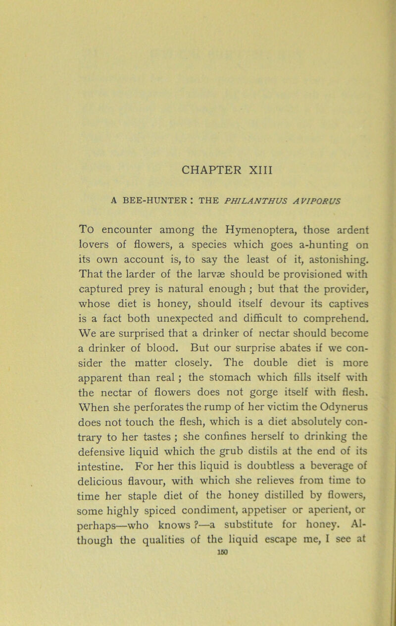 CHAPTER XIII A BEE-HUNTER : THE PHILANTHUS AVIPORUS To encounter among the Hymenoptera, those ardent lovers of flowers, a species which goes a-hunting on its own account is, to say the least of it, astonishing. That the larder of the larvæ should be provisioned with captured prey is natural enough ; but that the provider, whose diet is honey, should itself devour its captives is a fact both unexpected and difficult to comprehend. We are surprised that a drinker of nectar should become a drinker of blood. But our surprise abates if we con- sider the matter closely. The double diet is more apparent than real ; the stomach which fills itself with the nectar of flowers does not gorge itself with flesh. When she perforâtes the rump of her victim the Odynerus does not touch the flesh, which is a diet absolutely con- trary to her tastes ; she confines herself to drinking the défensive liquid which the grub distils at the end of its intestine. For her this liquid is doubtless a beverage of delicious flavour, with which she relieves from time to time her staple diet of the honey distilled by flowers, some highly spiced condiment, appetiser or aperient, or perhaps—who knows ?—a substitute for honey. Al- though the qualities of the liquid escape me, I see at ICO