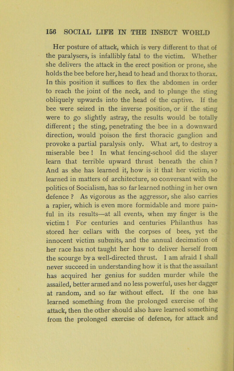Her posture of attack, which is very different to that of the paralysers, is infallibly fatal to the victim. Whether she delivers the attack in the erect position or prone, she holds the bee before her, head to head and thorax to thorax. In this position it suffices to flex the abdomen in order to reach the joint of the neck, and to plunge the sting obliquely upwards into the head of the captive. If the bee were seized in the inverse position, or if the sting were to go slightly astray, the results would be totally different ; the sting, penetrating the bee in a downward direction, would poison the first thoracic ganglion and provoke a partial paralysis only. What art, to destroy a misérable bee ! In what fencing-school did the slayer learn that terrible upward thrust beneath the chin ? And as she has learned it, how is it that her victim, so learned in matters of architecture, so conversant with the politics of Socialism, has so far learned nothing in her own defence ? As vigorous as the aggressor, she also carries a rapier, which is even more formidable and more pain- ful in its results—at ail events, when my finger is the victim ! For centuries and centuries Philanthus has stored her cellars with the corpses of bees, yet the innocent victim submits, and the annual décimation of her race has not taught her how to deliver herself from the scourge by a well-directed thrust. I am afraid I shall never succeed in understanding how it is that the assailant has acquired her genius for sudden murder while the assailed, better armed and no less powerful, uses her dagger at random, and so far without effect. If the one has learned something from the prolonged exercise of the attack, then the other should also hâve learned something from the prolonged exercise of defence, for attack and
