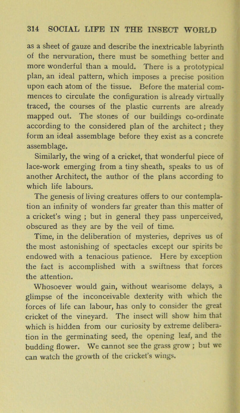 as a sheet of gauze and describe the inextricable labyrinth of the nervuration, there must be something better and more wonderful than a mould. There is a prototypical plan, an idéal pattern, which imposes a précisé position upon each atom of the tissue. Before the material com- mences to circulate the configuration is already virtually traced, the courses of the plastic currents are already mapped out. The stones of our buildings co-ordinate according to the considered plan of the architect ; they form an idéal assemblage before they exist as a concrète assemblage. Similarly, the wing of a cricket, that wonderful piece of lace-work emerging from a tiny sheath, speaks to us of another Architect, the author of the plans according to which life labours. The genesis of living créatures ofïers to our contempla- tion an infinity of wonders far greater than this matter of a cricket’s wing ; but in general they pass unperceived, obscured as they are by the veil of time. Time, in the deliberation of mysteries, deprives us of the most astonishing of spectacles except our spirits be endowed with a tenacious patience. Here by exception the fact is accomplished with a swiftness that forces the attention. Whosoever would gain, without wearisome delays, a glimpse of the inconceivable dexterity with which the forces of life can labour, has only to consider the great cricket of the vineyard. The insect will show him that which is hidden from our curiosity by extreme delibera- tion in the germinating seed, the opening leaf, and the budding flower. We cannot see the grass grow ; but we can watch the growth of the cricket’s wings.