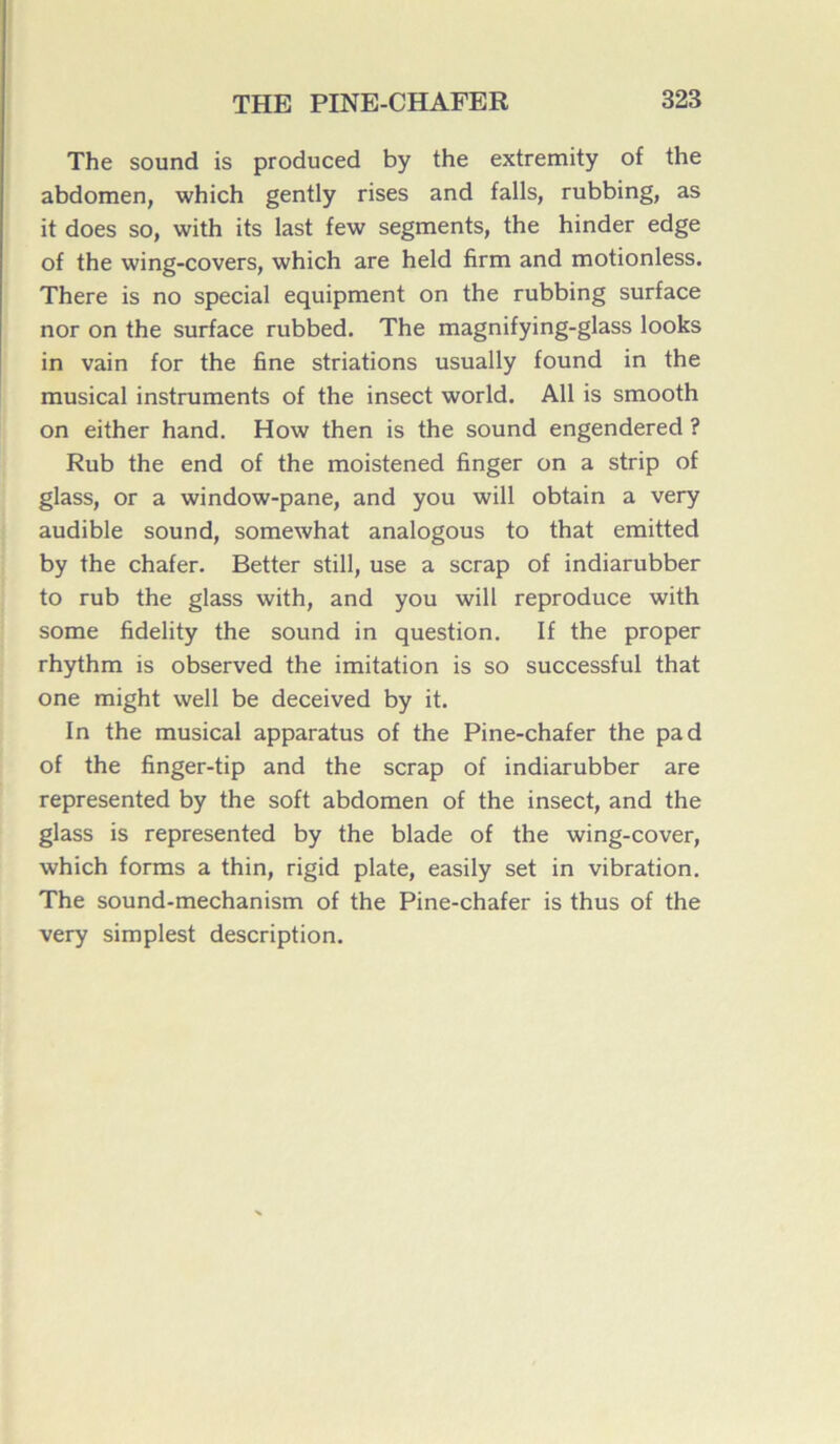 The Sound is produced by the extremity of the abdomen, which gently rises and falls, rubbing, as it does so, with its last few segments, the hinder edge of the wing-covers, which are held firm and motionless. There is no spécial equipment on the rubbing surface nor on the surface rubbed. The magnifying-glass looks in vain for the fine striations usually found in the musical instruments of the insect world. Ail is smooth on either hand. How then is the Sound engendered ? Rub the end of the moistened finger on a strip of glass, or a window-pane, and you will obtain a very audible sound, somewhat analogous to that emitted by the chafer. Better still, use a scrap of indiarubber to rub the glass with, and you will reproduce with some fidelity the sound in question. If the proper rhythm is observed the imitation is so successful that one might well be deceived by it. In the musical apparatus of the Pine-chafer the pad of the finger-tip and the scrap of indiarubber are represented by the soft abdomen of the insect, and the glass is represented by the blade of the wing-cover, which forms a thin, rigid plate, easily set in vibration. The sound-mechanism of the Pine-chafer is thus of the very simplest description.
