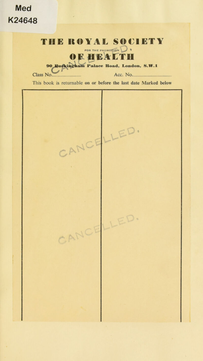 Med K24648 THE HOYAL SOCIETY FOR THE PROMO^IQN O' OE HEALTH DO iluekingiiaiii Palace Road, London, S.W.l Class No Acc. No This book is returnable on or before the last date Marked below