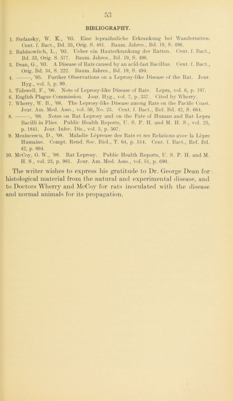 BIBLIOGRAPHY. 1. Stefansky, W. K., ’03. Eine lepraahnliche Erkrankung bei Wanderratten. Cent. f. Bact., Bd. 33, Orig. S. 481. Baum. Jahres., Bd. 19, S. 496. 2. Rabinowitch, L., ’03. Ueber ein Iiauterkrankung der Ratten. Cent. f. Bact., Bd. 33, Orig. S. 577. Baum. Jahres., Bd. 19, S. 496. 3. Dean, G., ’03. A Disease of Rats caused by an acid-fast Bacillus. Cent. f. Bact., Orig. Bd. 34, S. 222. Baum. Jahres., Bd. 19, S. 494. 4. , ’05. Further Observations on a Leprosy-like Disease of the Rat. Jour. Hyg., vol. 5, p. 99. 5. Tidswell, F., ’06. Note of Leprosy-like Disease of Rats. Lepra, vol. 6, p. 197. 6. English Plague Commission. Jour. Hyg., vol. 7, p. 337. Cited by Wherry. 7. Wherry, W. B., ’08. The Leprosy-like Disease among Rats on the Pacific Coast. Jour. Am. Med. Asso., vol. 50, No. 23. Cent. f. Bact., Ref. Bd. 42, S. 664. 8. , ’08. Notes on Rat Leprosy and on the Fate of Human and Rat Lepra Bacilli in Flies. Public Health Reports, U. S. P. H. and M. 11. S., vol. 23, p. 1841. Jour. Infec. Dis., vol. 5, p. 507. 9. Mezincescu, D., ’08. Maladie Lepreuse des Rats et ses Relations avec la Lepre Humaine. Compt. Rend. Soc. Biol., T. 64, p. 514. Cent. f. Bact., Ref. Bd. 42, p. 664. 10. McCoy, G. W., ’08. Rat Leprosy. Public Health Reports, U. S. P. II. and M. H. S., vol. 23, p. 981. Jour. Am. Med. Asso., vol. 51, p. 690. The writer wishes to express his gratitude to Dr. George Dean for histological material from the natural and experimental disease, and to Doctors Wherry and McCoy for rats inoculated with the disease and normal animals for its propagation.