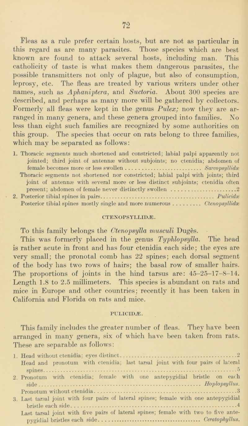Fleas as a rule prefer certain hosts, but are not as particular in this regard as are many parasites. Those species which are best known are found to attack several hosts, including man. This catholicity of taste is what makes them dangerous parasites, tlie possible transmitters not only of plague, but also of consumption, leprosy, etc. The fleas are treated by various writers under other names, such as Aphaniptera, and Suctoria. About 300 species are described, and perhaps as many more will be gathered by collectors. Formerly all fleas were kept in the genus Pulex; now they are ar- ranged in many genera, and these genera grouped into families. No less than eight such families are recognized by some authorities on this group. The species that occur on rats belong to three families, which may be separated as follows: 1. Thoracic segments much shortened and constricted; labial palpi apparently not jointed; third joint of antenna? without subjoints; no ctenidia; abdomen of female becomes more or less swollen Sarcopsyllidx Thoracic segments not shortened nor constricted; labial palpi with joints; third joint of antennae with several more or less distinct subjoints; ctenidia often present; abdomen of female never distinctly swollen 2 2. Posterior tibial spines in pairs Pulicidse Posterior tibial spines mostly single and more numerous Ctenopsullidse CTENOPS YLLI1LE. To tliis family belongs the Ctenopsylla musculi Duges. This was formerly placed in the genus Typhlopsylla. The head is rather acute in front and has four ctenidia each side; the eyes are very small; the pronotal comb has 22 spines; each dorsal segment of the body has two rows of hairs; the basal row of smaller hairs. The proportions of joints in the hind tarsus are: 45-25-17-8-14. Length 1.8 to 2.5 millimeters. This species is abundant on rats and mice in Europe and other countries; recently it has been taken in California and Florida on rats and mice. PULICIDJE. This family includes the greater number of fleas. They have been arranged in many genera, six of which have been taken from rats. These are separable as follows: 1. Head without ctenidia: eyes distinct 2 Head and pronotum with ctenidia; last tarsal joint with four pairs of lateral spines 5 2. Pronotum with ctenidia; female with one antepygidial bristle on each side IJoplopsyllus. Pronotum without ctenidia 3 3. Last tarsal joint with four pairs of lateral spines; female with one antepygidial bristle each side 4 Last tarsal joint with five pairs of lateral spines; female with two to five ante- pygidial bristles each side Ceratophyllus.