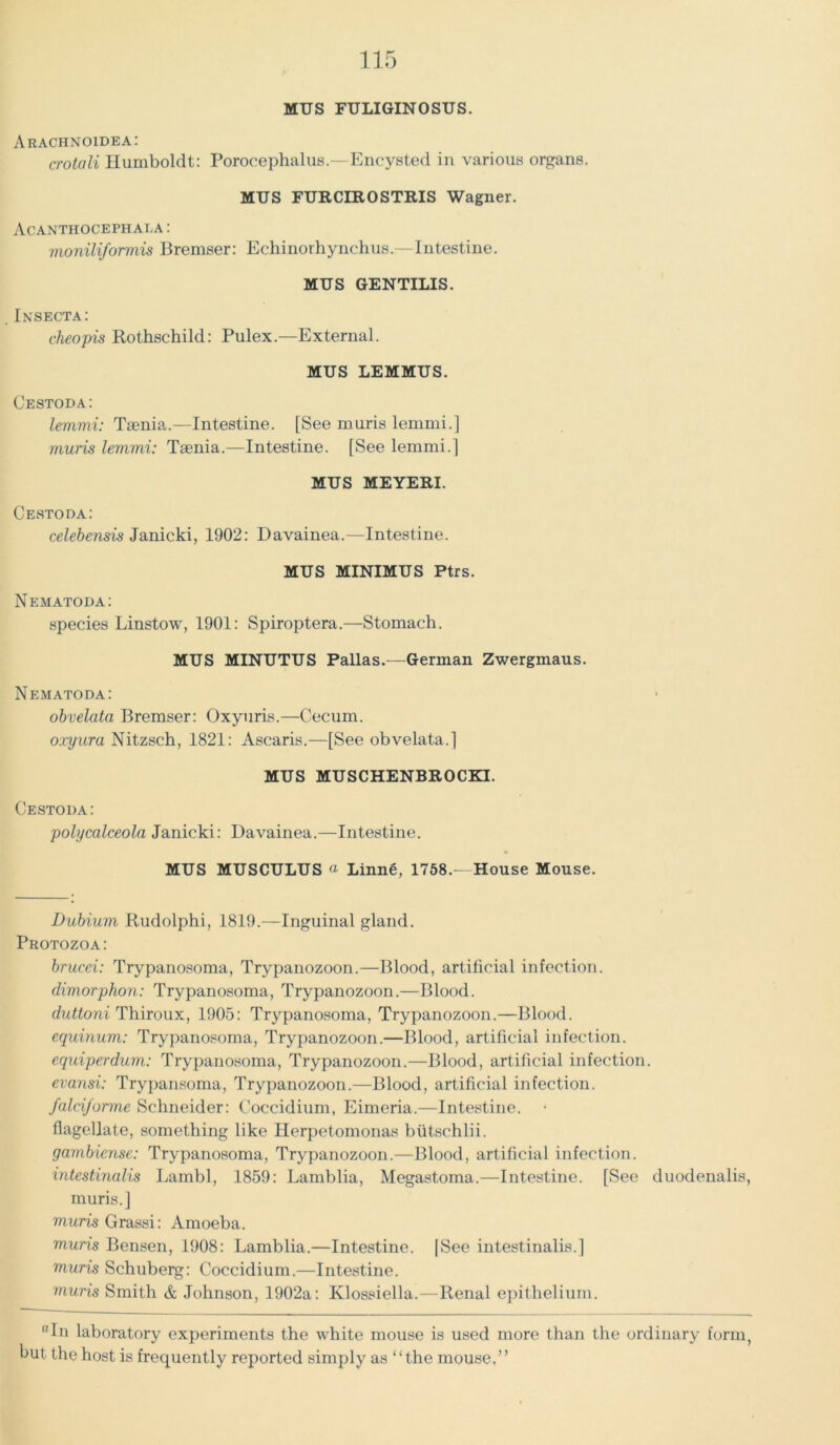 MTJS FULIGINOSUS. Arachnoidea: crotali Humboldt: Porocephalus.—Encysted in various organs. MUS FURCIROSTRIS Wagner. Acanthocephala: moniliformis Bremser: Echinorhynchus.—Intestine. MUS GENTILIS. Insecta: cheopis Rothschild: Pulex.—External. MUS LEMMUS. Cestoda: lemmi: Tsenia.—Intestine. [See muris lernnii.] muris lemmi: Taenia.—Intestine. [See lemmi.] MUS MEYERI. Cestoda: celebensis Janicki, 1902: Davainea.—Intestine. MUS MINIMUS Ptrs. Nematoda: species Linstow, 1901: Spiroptera.—Stomach. MUS MINUTUS Pallas.—German Zwergmaus. Nematoda: obvelata Bremser: Oxyuris.—Cecum. oxynra Nitzsch, 1821: Ascaris.—[See obvelata.] MUS MUSCHENBROCKI. Cestoda: polycalceola Janicki: Davainea.—Intestine. MUS MUSCULUS a Linne, 1758.- House Mouse. Dubium Rudolphi, 1819.—Inguinal gland. Protozoa: brucei: Trypanosoma, Trypanozoon.—Blood, artificial infection. dimorphon: Trypanosoma, Trypanozoon.—Blood. duttoni Thiroux, 1905: Trypanosoma, Trypanozoon.—Blood. equinum: Trypanosoma, Trypanozoon.—Blood, artificial infection. equiperdum: Trypanosoma, Trypanozoon.—Blood, artificial infection. evansi: Trypansoma, Trypanozoon.—Blood, artificial infection. falciforme Schneider: Coccidium, Eimeria.—Intestine, flagellate, something like Herpetomonas biitschlii. gambiense: Trypanosoma, Trypanozoon.—Blood, artificial infection. intestinalis Lambl, 1859: Lamblia, Megastoma.—Intestine. [See duodenalis, muris.] muris Grassi: Amoeba. muris Bensen, 1908: Lamblia.—Intestine. [See intestinalis.] muris Schuberg: Coccidium.—Intestine. muris Smith & Johnson, 1902a: Klossiella.—Renal epithelium. In laboratory experiments the white mouse is used more than the ordinary form, but the host is frequently reported simply as “the mouse.”
