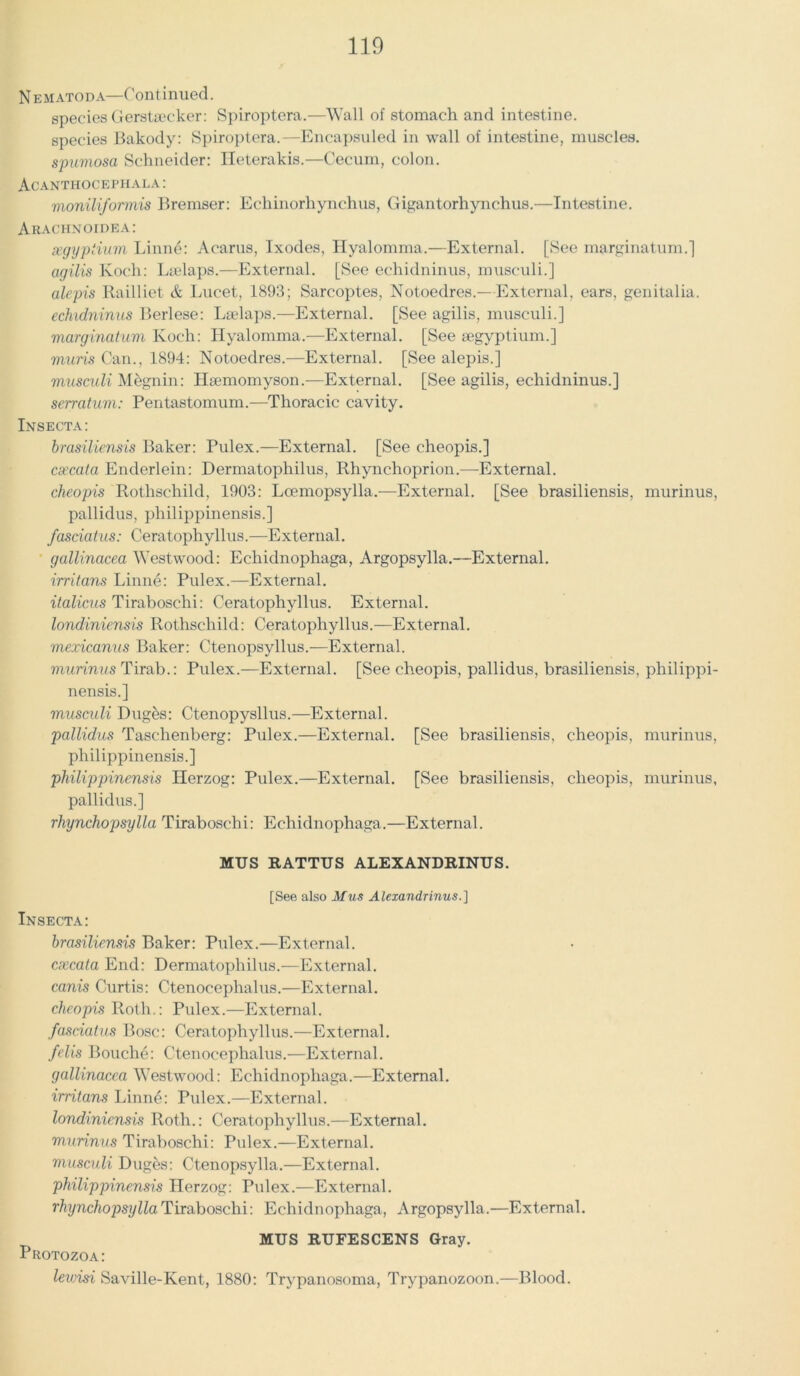 Nematoda—Continued. species Gersta?cker: Spiroptera.—Wall of stomach and intestine, species Bakody: Spiroptera.—Encapsuled in wall of intestine, muscles. spumosa Schneider: Heterakis.—Cecum, colon. Acanthocephala: moniliformis Bremser: Ecliinorliynchus, Gigantorhynchus.—Intestine. Arachnoidea: xgypiium Linne: Acarus, Ixodes, Hyalomma.—External. [See marginatum.] agilis Koch: Ladaps.—External. [See echidninus, musculi.] alcpis Railliet A Lucet, 1893; Sarcoptes, Notoedres.—External, ears, genitalia. echidninus Berlese: Lselaps.—External. [See agilis, musculi.] marginatum Koch: Hyalomma.—External. [See segyptium.] muris Can., 1894: Notoedres.—External. [See alepis.] musculi Mhgnin: Hsemomyson.—External. [See agilis, echidninus.] serratum: Pentastomum.—Thoracic cavity. Insecta: brasiliensis Baker: Pulex.—External. [See cheopis.] cxcata Enderlein: Dermatophilus, Rhynchoprion.—External. cheopis Rothschild, 1903: Loemopsylla.—External. [See brasiliensis, murinus, pallidus, philippinensis.] fasciatus: Ceratophyllus.—External. gallinacea Westwood: Echidnophaga, Argopsylla.—External. irritans Linne: Pulex.—External. italicus Tiraboschi: Ceratophyllus. External. londiniensis Rothschild: Ceratophyllus.—External. mexicanus Baker: Ctenopsyllus.—External. murinus Tirab.: Pulex.—External. [See cheopis, pallidus, brasiliensis, philippi- nensis.] musculi Duges: Ctenopysllus.—External. pallidus Taschenberg: Pulex.—External. [See brasiliensis, cheopis, murinus, philippinensis.] philippinensis Herzog: Pulex.—External. [See brasiliensis, cheopis, murinus, pallidus.] rhynchopsylla Tiraboschi: Echidnophaga.—External. MTJS RATTUS ALEXANDRINUS. [See also Mus Alexandrinus.] Insecta: brasiliensis Baker: Pulex.—External. csecata End: Dermatophilus.—External. canis Curtis: Ctenoceplialus.—External. cheopis Roth.: Pulex.—External. fasciatus Bose: Ceratophyllus.—External. felis Bouche: Ctenocephalus.—External. gallinacea Westwood: Echidnophaga.—External. irritans Linn£: Pulex.—External. londiniensis Roth.: Ceratophyllus.—External. murinus Tiraboschi: Pulex.—External. musculi Duges: Ctenopsylla.—External. philippinensis Herzog: Pulex.—External. rhynchopsylla Tiraboschi: Echidnophaga, Argopsylla.—External. MUS RUFESCENS Gray. Protozoa: levjisi Saville-Kent, 1880: Trypanosoma, Trypanozoon.—Blood.