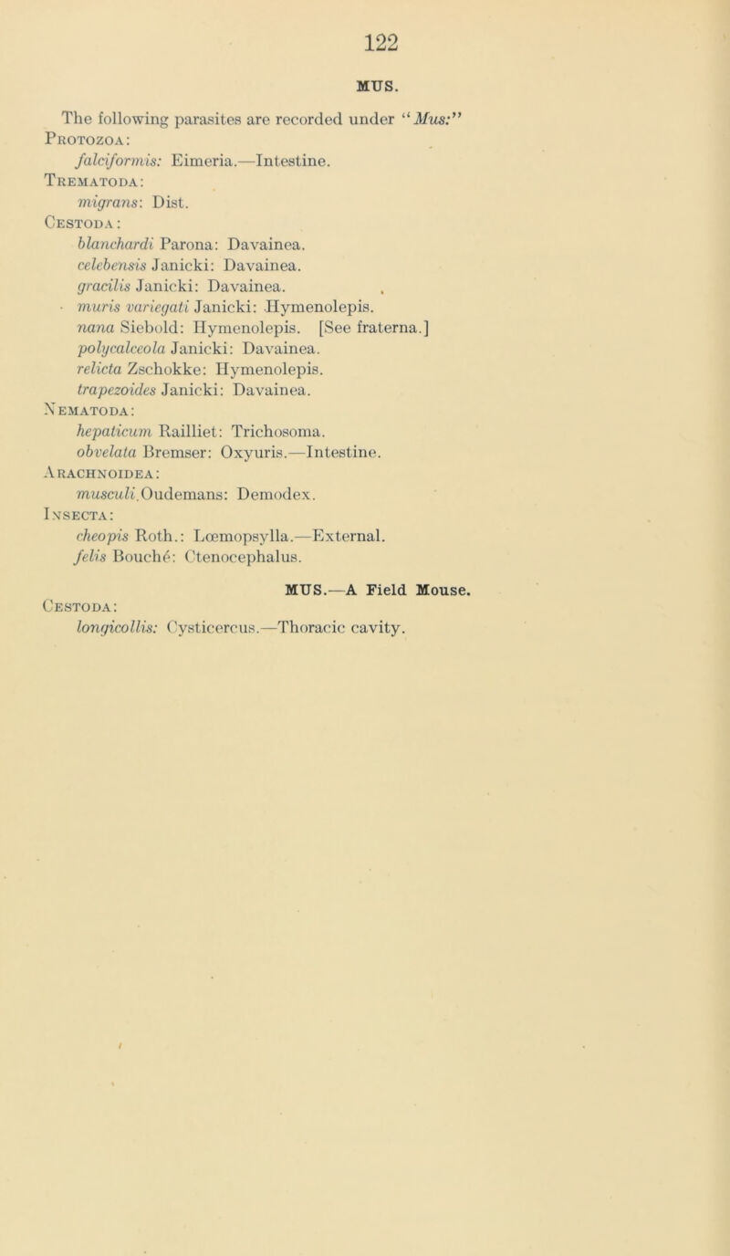 MUS. The following parasites are recorded under “Mus:” Protozoa: falciformis: Eimeria.—Intestine. Trematoda: migrans: Dist. Cestoda: blanchardi Parona: Davainea. celebensis Janicki: Davainea. gracilis Janicki: Davainea. • muris varicgati Janicki: Ilymenolepis. nana Siebold: Ilymenolepis. [See fraterna.] pohjcalceola Janicki: Davainea. relicta Zschokke: Hymenolepis. trapezoides Janicki: Davainea. Xematoda: hepaticum Railliet: Trichosoma. obvelata Bremser: Oxyuris.—Intestine. Arachnoidea: musculi.Oudemans: Demodex. I.vsecta: cheopis Roth.: Loemopsylla.—External. felis Bouche: Ctenocephalus. MUS.—A Field Mouse. Cestoda: longicollis: Cysticercus.—Thoracic cavity.