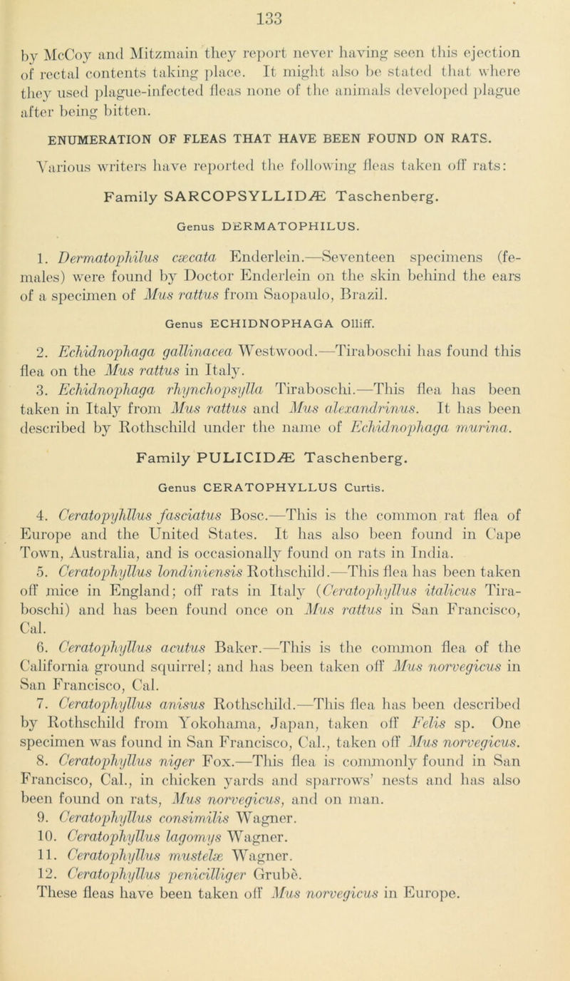 by McCoy and Mitzmain they report never having seen tliis ejection of rectal contents taking place. It might also be stated that where they used plague-infected fleas none of the animals developed plague after being bitten. ENUMERATION OF FLEAS THAT HAVE BEEN FOUND ON RATS. Various writers have reported the following fleas taken off rats: Family SARCOPSYLLID^E Taschenberg. Genus DERMATOPHILUS. 1. Dermatophilus csecata Enderlein.—Seventeen specimens (fe- males) were found by Doctor Enderlein on the skin behind the ears of a specimen of Mus rattus from Saopaulo, Brazil. Genus ECHIDNOPHAGA Olliff. 2. Echidnophaga gallinacea Westwood.—Tiraboschi has found this flea on the Mus rattus in Italy. 3. Echidnophaga rhynchopsylla Tiraboschi.—This flea has been taken in Italy from Mus rattus and Mus alexandrinus. It has been described by Rothschild under the name of Echidnophaga murina. Family PULICID^E Taschenberg. Genus CERATOPHYLLUS Curtis. 4. Ceratopyhllus fasciatus Bose.—This is the common rat flea of Europe and the United States. It has also been found in Cape Town, Australia, and is occasionally found on rats in India. 5. Ceratopliyllus londiniensis Rothschild.—This flea has been taken off mice in England; off rats in Italy (Ceratopliyllus italicus Tira- boschi) and has been found once on Mus rattus in San Francisco, Cal. 6. Ceratopliyllus acutus Baker.—This is the common flea of the California ground squirrel; and has been taken off Mus norvegicus in San Francisco, Cal. 7. Ceratopliyllus anisus Rothschild.—This flea has been described by Rothschild from Yokohama, Japan, taken off Fells sp. One specimen was found in San Francisco, Cal., taken off Mus norvegicus. 8. Ceratopliyllus niger Fox.—This flea is commonly found in San Francisco, Cal., in chicken yards and sparrows’ nests and has also been found on rats, Mus norvegicus, and on man. 9. Ceratopliyllus consimilis Wagner. 10. Ceratopliyllus lagomys Wagner. 11. Ceratopliyllus mustelse Wagner. 12. Ceratopliyllus penicilliger Grube. These fleas have been taken off Mus norvegicus in Europe.