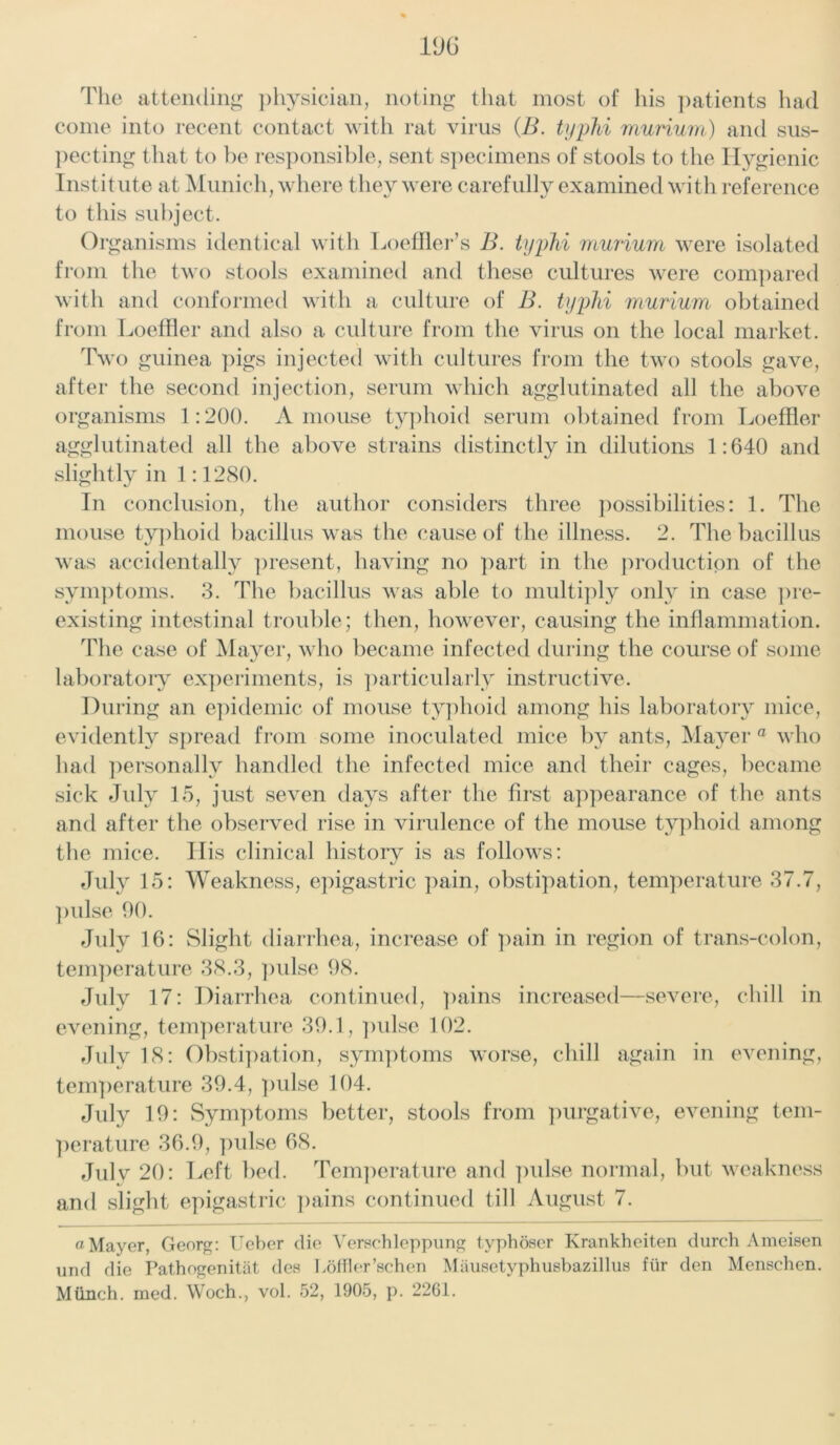 i(J(i The attending physician, noting that most of his patients had come into recent contact with rat virus (B. typhi murium) and sus- pecting that to be responsible, sent specimens of stools to the Hygienic Institute at Munich, where they were carefully examined with reference to this subject. Organisms identical with Loeffler’s B. typhi murium were isolated from the two stools examined and these cultures were compared with and conformed with a culture of B. typhi murium obtained from Loeffler and also a culture from the virus on the local market. Two guinea pigs injected with cultures from the two stools gave, after the second injection, serum which agglutinated all the above organisms 1:200. A mouse typhoid serum obtained from Loeffler agglutinated all the above strains distinctly in dilutions 1:640 and slightly in 1:1280. In conclusion, the author considers three possibilities: 1. The mouse typhoid bacillus was the cause of the illness. 2. The bacillus was accidentally present, having no part in the production of the symptoms. 3. The bacillus was able to multiply only in case pre- existing intestinal trouble ; then, however, causing the inflammation. The case of Mayer, who became infected during the course of some laboratory experiments, is particularly instructive. During an epidemic of mouse typhoid among his laboratory mice, evidently spread from some inoculated mice by ants, Mayer a who had personally handled the infected mice and their cages, became sick July 15, just seven days after the first appearance of the ants and after the observed rise in virulence of the mouse typhoid among the mice. His clinical history is as follows: July 15: Weakness, epigastric pain, obstipation, temperature 37.7, pulse 90. July 16: Slight diarrhea, increase of pain in region of trans-colon, temperature 38.3, pulse 98. July 17: Diarrhea continued, pains increased—severe, chill in evening, temperature 39.1, pulse 102. July 18: Obstipation, symptoms worse, chill again in evening, temperature 39.4, pulse 104. July 19: Symptoms better, stools from purgative, evening tem- perature 36.9, pulse 68. July 20: Left bed. Temperature and pulse normal, but weakness and slight epigastric pains continued till August 7. a Mayer, Georg: Ueber die Verschleppung typhoser Krankheiten durch Ameisen und die Pathogenitat des Loffler’schen Mausetyphusbazillus fur den Menschen. Munch, med. Woch., vol. 52, 1905, p. 2261.