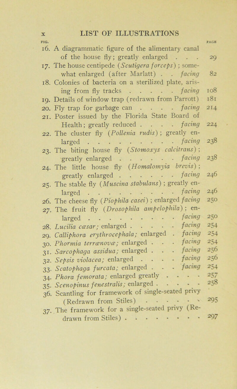 FIG. 16. A diagrammatic figure of the alimentary canal of the house fly; greatly enlarged . 17. The house centipede {Scutigera forceps) ; some- what enlarged (after Marlatt) . . facing 18. Colonies of bacteria on a sterilized plate, aris- ing from fly tracks facing 19. Details of window trap (redrawn from Parrott) 20. Fly trap for garbage can .... facing 21. Poster issued by the Florida State Board of Health; greatly reduced .... facing 22. The cluster fly {Pollenia rtidis) ; greatly en- larged facing 23. The biting house fly (Stomoxys calcitrans) ; greatly enlarged facing 24. The little house fly (Homalomyia brevis) ; greatly enlarged facing 25. The stable fly (Muscina stabnlans) ; greatly en- larged 26. The cheese fly {Piophila casei) ; enlarged facing 27. The fruit fly (^Drosophila anipelophila) ; en- larged facing 28. Lucilia ccesar; enlarged facing 2Q. Calliphora erythrocephala; enlarged . facing 30. Pliormia terrcenovce; enlarged . . • facing 31. Sarcophaga assidua; enlarged . . - facing 32. Sepsis violacea; enlarged .... facing 33. Scatophaga furcata; enlarged . . . facing 34. Phora femorata; enlarged greatly . . . • 35. Scenopinus fenestralis; enlarged . • • • • 36. Scantling for framework of single-seated privy (Redrawn from Stiles) ' 27. The framework for a single-seated priv'y (Re- drawn from Stiles) FACE 29 82 108 181 214 224 238 238 246 246 250 250 254 254 254 256 256 254 257 258 295 297