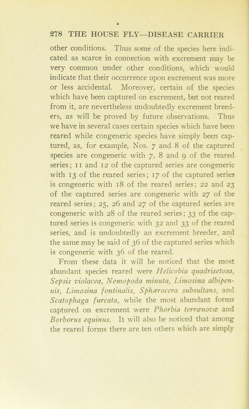 other conditions. Thus some of the species here indi- cated as scarce in connection with excrement may l>e very common under other conditions, which would indicate that their occurrence upon excrement was more or less accidental. Moreover, certain of the species which have been captured on excrement, but not reared from it, are nevertheless undoubtedly excrement breed- ers, as will be proved by future observations. Thus we have in several cases certain species which have been reared while congeneric species have simply been cap- tured, as, for example, Nos. 7 and 8 of the captured species are congeneric with 7, 8 and 9 of the reared series; ii and 12 of the captured series are congeneric with 13 of the reared series; 17 of the captured series is congeneric with 18 of the reared series; 22 and 23 of the captured series are congeneric with 27 of the reared series; 25, 26 and 27 of the captured series are congeneric with 28 of the reared series; 33 of the cap- tured series is congeneric with 32 and 33 of the reared series, and is undoubtedly an excrement breeder, and the same may be said of 36 of the captured series which is congeneric with 36 of the reared. From these data it will be noticed that the most abundant species reared were Hclicobia quadrisctosa, Sepsis violacea, Nemopoda minuta, Limosina alhipen- nis, Limosina fontinalis, Spharoccra subsultans, and Scatophaga furcata, while the most abundant forms captured on excrement were Phorbia tcrrcenova and Borborus equinus. It will also be noticed that among the reared forms there are ten others which are simply