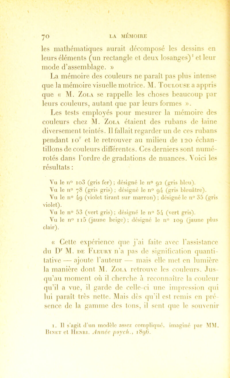 -JO LA MÉMOIRE les malliématiques aurait décomposé les dessins en leurs éléments (un rectangle et deux losanges)’ et leur mode d’assemblage. » La mémoire des couleurs ne paraît pas plus intense que la mémoire visuelle motrice. M. Toulouse a appris que « M. ZoL.v se rappelle les choses beaucoup par leurs coideurs, aillant que par leurs formes w. Les tests employés pour mesurer la mémoire des couleurs chez jM. Zola étaient des rubans de laine diversement teintés. 11 fallait regarder un de ces rubans pendant lo et le retrouver au milieu de 120 échan- tillons de couleurs différentes. Ces derniers sont numé- rotés dans l’ordre de gradations de nuances. ^ oici les résultats : Vu le n° io3 (gris fer) ; désigne le n° 92 (gris bleu). Vu le 11° 78 (gris gris) ; désigné le n° gi (gris bleuâtre). Vu le n° 4g (violet tirant sur marron) ; désigné le n° 35 (gris violet). Vu le n° 53 (vert gris) ; désigné le n 54 (vert gris). Vu le n” ii5 (jaune beige); désigné le n° 10g (jaune plus clair). « Cette expérience que j'ai faite avec l'assistance du M. UE Fleuuy n'a jxis de signilicalion (juanti- tativc — ajoute l'auteur — mais elle met en lumière la manière dont ^1. Zoi.x retrouve les couleurs. .Ins- rpi’au moment on il cherche à reconnaître la conlenr qn’il a vne, il garde de celle-('i nue impression qui Ini paraît très nette. Mais dès (|n'il est remis en pré sence de la gamme des tons, il sent (jne le sonvemir I. 11 s'agit d'un modèle assez compliqué, imaginé par MM. Ibs-icT et Mkniu. Année i>syc/i.. i8g(i.