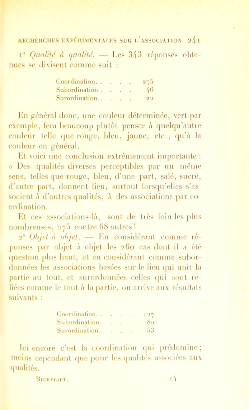 1° Qualile à qiialilé. — Les 3/|3 réponses obte- nues se divisent comme suit : Coordination 2^5 Subordination .... /(() Surordination 22 En général donc, une couleur déterminée, vert par exeni[)le, fera beaucoup plutôt penser à quelqu’autre couleur telle rpie rouge, bleu, jaune, etc., qu’à la couleur en général. El voici une conclusion cxlrcmemenl importante: « Des qualités diverses perceptibles par un même sens, telles que rouge, bleu, d’une part, salé, sucré, d’autre ]>art, donnent lieu, surtout lors([u’ellcs s’as- socient à d’autres qualités, à des associations par co- ordination. Et ces associations-là, sont de très loin les |)lus nombreuses, 270 contre G8 autres ! 2“ (jhjel à ohjct. — En considérant comme ré [)onscs par objet à objet les 260 cas dont il a été fpieslion plus haut, et en considérant comme subor- données les associations basées sur I(ï lieu (pii unit la partie an tout, et siirordonn('“Cs celles (pii sont re liées comme le loni à la jiarlie, on arrive aux résnilals suivants : Coonlinotion. . 127 Subordination . Su Siirordinalion . ,Ô3 Ici encore c’est la coordination (pii prédomine; moins cependant (|iie pour les (pialilés associées aux qualités. lllKKVI.IIiT. I \