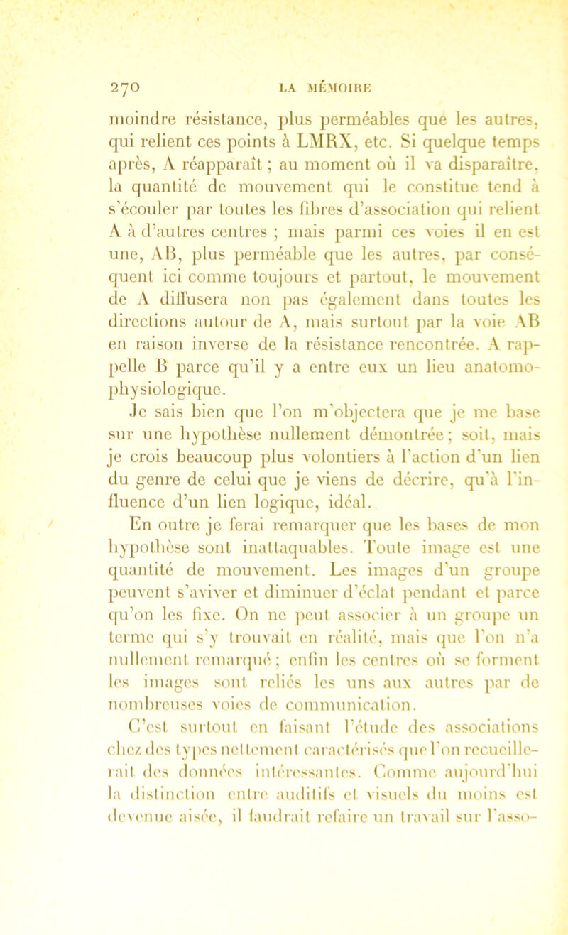 1']0 moindre résistance, plus perméables que les autres, qui relient ces points à LMRX, etc. Si quelque temps a[)i’ès, A réapparaît ; au moment où il va disparaître, la quantité de mouvement qui le constitue tend à s’écouler par toutes les fibres d’association qui relient A à d’autres centres ; mais parmi ces voies il en est une, AB, plus perméable que les autres, par consé- quent ici comme toujours et partout, le mouvement de A dillusera non pas également dans toutes les directions autour de A, mais surtout par la voie AB en raison inverse de la résistance rencontrée. A rap- pelle B parce qu’il y a entre eux un lieu anatomo- physiologique. Je sais bien que l’on m’objectera que je me base sur une hypothèse nullement démontrée; soit, mais je crois beaucoup plus volontiers à l’action d’un lien du genre de celui que je viens de décrire, qu’à l’in- lluence d’un lien logique, idéal. En outre je ferai remarquer que les bases de mon hypothèse sont inattaquables. Toute image est une quantité de mouvement. Les images d’un groupe ])cuvent s’aviver et diminuer iTéclal pendant et parce cpi’on les fixe. On ne jicnt associer à un groupe un terme qui s’y trouvait en réalité, mais que l’on n'a nullement remarqué; enfin les centres où se forment les images sont reliés les uns aux autres par de nombreuses voies de communication. (l’est surtout en faisant l’étude des associations chez des types nettement caractérisés que l’on recueille- rail (les donm'cs intéressantes. Comme aujourd'hui la distinction entre auditifs et visuels du moins est devenue aisée, il faudrait refaire un travail sur l'asso-