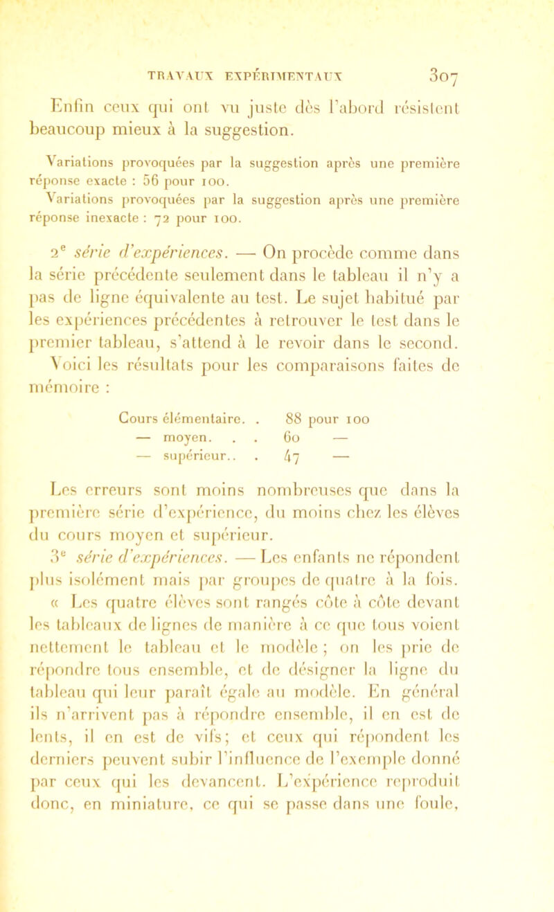 TR.VA'.VrX EXPÉRIMENTA r\ 807 Enfin ceux qui ont vu juste dès l’abord résislcnt beaucoup mieux à la suggestion. Variations provoquées par la suggestion après une première réponse exacte : 56 pour 100. Variations provoquées par la suggestion après une première réponse inexacte : 72 pour 100. 2® série d’expériences. — On procède comme dans la série précédente seulement dans le tableau il n’y a pas de ligne équivalente au test. Le sujet habitué par les expériences précédentes à retrouver le lest dans le j)remier tableau, s’attend à le rex^oir dans le second. ^ oici les résultats pour les comparaisons faites de mémoire : Cours élémentaire. . 88 pour 100 — moyen. . . 60 — — supérieur.. . 4y — Les erreurs sont moins nombreuses que dans la jiremière série d’cxjtérience, du moins chez les élèves du cours moyen et supérieur. 8® série d’expériences. — Les enfants ne répondent j)lns isolément mais par groupes de quatre à la fois. « Les quatre élèves sont rangés côte à côte devant les tableaux de lignes de manière à ce que tons voient nettement le tableau et le modèle ; on les |)rle de répondre tons ensemble, et de désigner la ligne du tableau qui leur paraît égale an modèle. En général ils n’arrivent pas à répondre ensend)le, il en est de lents, il en est de vifs; cl ceux qui répondent les dcrnicr.s peuvent stibir rinflncnce de l’cxenq)lc donné par ceux qui les devancent. L’expérience reproduit ilonc, en miniature, ce qui se passe dans nue foule,