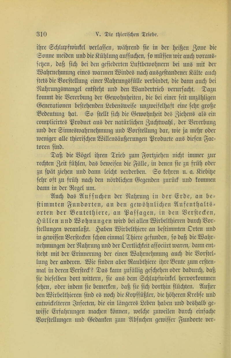 if)re Sdjtupfminfet üertaffen, mäf)renb fie in ber tjei^en ßone bie Sonne meiben unb bie $üt)lung auffuchen, fo muffen mir auch üoraug= fefcen, bah fidf; bei ben gefieberten Suftbemohnem bei un§ mit ber 2Böt)rnet)mnng eineg marinen SBinbeg nad) auggeftanbener $ätte and) ftetg bie SorfteEitng einer SahrunggfitEe oerbinbet, bie bann and) bei Sahrunggmanget entftefjt unb ben Söanbertrieb üerurfadjt. $)a§u fonnnt bie Vererbung ber (Gemol)nheiten, bie bei einer feit unzähligen (Generationen beftetjenben Sebengmeife ungmcifel^aft eine fefjr grofje Sebeittung t)at. So fteltt fid) bie (Gemoijnheit beg giefjeng atg ein compticirteg Sßrobuct aug ber natürlichen ßudjtmaht, ber Vererbung nnb ber Sinnegmal)rnet)inung unb SorfteEwtg bar, mie ja mehr ober meniger alte tt)ierifd)eu SBißengäu^erungen ißrobucte aitg biefeu ßac= toren finb. Oafj bie Söget ihren Srieb gnm ^ortjietjen nicht immer gur redjten ßeit fühlen, bag bemeifen bie ßätte, in benen fie §u früh ober gu fpät gieren unb bann teidjt oerberben. So lehren u. a. $iebipe fehr oft 51t früt) nach ^en nörbtidjen (Gegenben gurüd unb lommeit bann in ber Segel um. 2tud) bag Stuf fudj eit ber Satjrung in ber Erbe, an be = ftimmten ^unborten, an ben gemöhntid>en 5Xufenthaltg = orten ber Seutettjiere, an ^affagen, in ben Serfteden, Jütten nnb SBohnungen mirb beiaüen SBirbetthieren burd)Sor= fteEungen üerantaht. §aben äöirbelthicre an beftimmten Orten unb in gemiffen Serfteden fd)on einmal Shiere gcfunben, fo bah 2£ot)r= nehmungen ber Sahritng unb ber Oertlidjfeit affociirt maren, bann ent= ftet)t mit ber (Erinnerung ber einen SBahrnchmung and) bie Sorftet= tung ber anberen. 2Bie finbeit aber Saubttjiere ihre SBeute gum erftem mal in bereu Serfted? 3)ag tarnt gufäüig gefd)et)en ober baburd), bah fie biefetben bort mittern, fie aug bem Sd)tupfmintet heröortommen feljen, ober inbem fie bemerfen, bah he ftä) bortt)in flüchten. Stuher ben SBirbetthieren finb eg nod) bie ^opffithter, bie höheren förebfe unb entmidetteren ßnfecten, bie ein tängereg Seben hoben unb beghatb ge= miffe Erfahrungen mad)en föntten, mctdje gumeiten burd) einfache SorfteEungen unb (Gebauten 511m dbfttdjeu gemiffer ßunborte ocr=