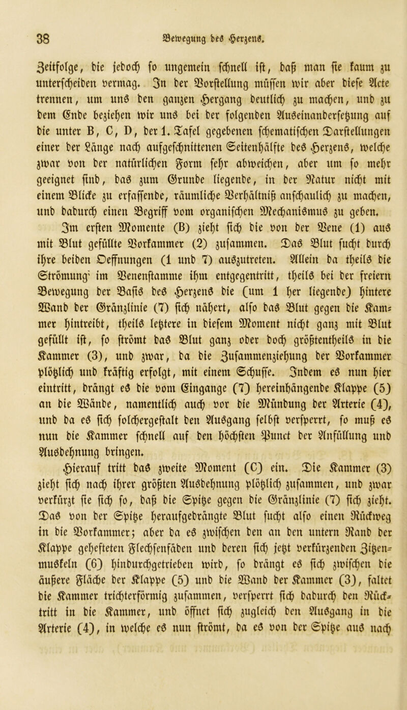 Seitfolge, bie jebod) fo ungemein fernen ift, baß man fte faum $u unterfchetben oermag. 3n ber SBorftellung muffen mir aber btefe 2lcte trennen, um uns ben ganzen Hergang beutltch ju machen, nnb su bem @nbe besieben mir un£ bei ber folgenben 2(u3einanberfe£ung auf bie unter B, C, D, ber 1. £afel gegebenen fcbematifchen 2)arfiellungen einer ber Sänge nach aufgefebntttenen (seitenbälfte beS £er§en3, melcbe smar oon ber natürlichen gönn fel)r abmeicben, aber um fo mehr geeignet ftttb, baS jum ($runbe liegende, in ber 9?atur nicht mit einem 53licfe su erfaffenbe, räumliche $erbä(tniß anfchauüch su machen, unb baburcf) einen begriff oom organifchen äftecbaniSmuS §u geben. 3m erften Momente (B) siebt ftch bie oon ber 53ene (1) au3 mit 93lut gefüllte SBorfantmer (2) sufammen. 3)a$ 331ut fud)t burcf) ihre beiben Deffnungen (1 unb 7) au^utreten. Allein ba tbette bie @trömung; im S3enenftamme ihm entgegentritt, tfyeifö bei ber freiem SBemeguttg ber 53aft6 be6 her$eu$ bie (um 1 tyx liegenbej Hintere SBanb ber ($ransltnie (7) ftch nähert, alfo baö 33Iut gegen bie ftam* mer betreibt, tbeilS ledere in biefem Moment nicht gans mit 33lut gefüllt ift, fo ftrömt ba3 331ut gans ober hoch größtenteils in bie Kammer (3), unb ^mar, ba bie Sufammensiebung ber 93orfammer hlöblid) unb fräftig erfolgt, mit einem 6cf)uffe. 3nbem eS nun f)ier eintritt, brängt eS bie oom Eingänge (7) beveinbängenbe ^'la^e (5) an bie SBänbe, namentlich auch uor bie Sflünbung ber Girierte (4), unb ba eS ftch folchcrgeftalt ben SluSgattg felbft oerfyerrt, fo muß eS nun bie Kammer fcf;nell auf ben haften ^3unct ber Einfüllung unb SluSbebnung bringen. hierauf tritt baS $meite Moment (C) ein. 2)ie Kammer (3) Sieht ftch nach ihrer größten SluSbebnuitg sufammen, unb smar oerfürst fte ftch fa, baß bie (spi^e gegen bie (Mnslinie (7) ftch sieht* oon ber (sbijje beraufgebrängte 33lut fucht alfo einen 9iitcfmeg in bie Sßorfammerj aber ba eS smifchen ben an ben untern $anb ber klappe gehefteten glecbfenfäben unb bereit ftch je(st oerfürsenben Si&eu- muSfeln (63 biuburchgetrieben mirb, fo brängt eS ftch smifchen bte äußere gläche ber $lapbe (5) unb bie Söattb ber Kammer (3), faltet bie Kammer trichterförmig sufamtnen, oerfperrt ftch baburch ben 9tücf* tritt in bie Kammer, unb öffnet ftch sugleich ben 21uSgang ttt bie Arterie (4), in melche eS nun ftrömt, ba eS oon ber (spi^e aus nach