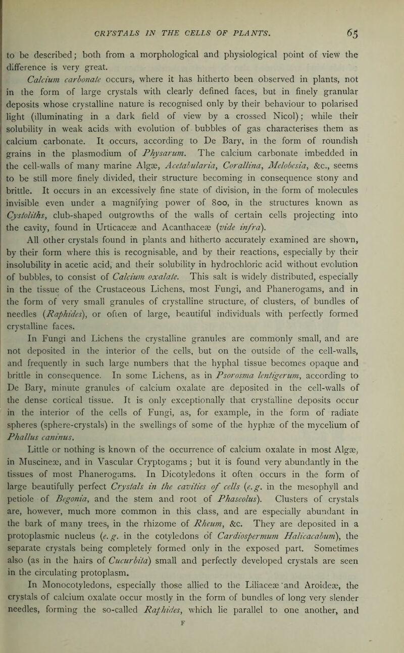 CRVSTALS IN THE CELLS OF PLANTS. 6^ to be described; both from a morphological and physiological point of view the difference is very great. Calcium carho7iale occurs, where it has hitherto been observed in plants, not in the form of large crystals with clearly defined faces, but in finely granular deposits whose crystalline nature is recognised only by their behaviour to polarised light (illuminating in a dark field of view by a crossed Nicol); while their solubility in weak acids with evolution of bubbles of gas characterises them as ’ calcium carbonate. It occurs, according to De Bary, in the form of roundish grains in the plasmodium of Physarum. The calcium carbonate imbedded in the cell-walls of many marine Algse, Acetalularia, Corallma, Melobesia, &c., seems to be still more finely divided, their structure becoming in consequence stony and brittle. It occurs in an excessively fine state of division, in the form of molecules invisible even under a magnifying power of 800, in the structures known as Cystoliths, club-shaped outgrowths of the walls of certain cells projecting into the cavity, found in Urticaceae and Acanthaceae (yide infra). All other crystals found in plants and hitherto accurately examined are shown, I by their form where this is recognisable, and by their reactions, especially by their insolubility in acetic acid, and their solubility in hydrochloric acid without evolution of bubbles, to consist of Calcium oxalaie. This salt is widely distributed, especially in the tissue of the Crustaceous Lichens, most Fungi, and Phanerogams, and in j the form of very small granules of crystalline structure, of clusters, of bundles of j needles [Raphides), or often of large, beautiful individuals with perfectly formed crystalline faces. In Fungi and Lichens the crystalline granules are commonly small, and are not deposited in the interior of the cells, but on the outside of the cell-walls, and frequently in such large numbers that the hyphal tissue becomes opaque and brittle in consequence. In some Lichens, as in Psoros??ia lentigertim, according to De Bary, minute granules of calcium oxalate are deposited in the cell-walls of the dense cortical tissue. It is only exceptionally that crystalline deposits occur in the interior of the cells of Fungi, as, for example, in the form of radiate spheres (sphere-crystals) in the swellings of some of the hyphse of the mycelium of Phallus caninus. Little or nothing is known of the occurrence of calcium oxalate in most Algae, in Muscineae, and in Vascular Cryptogams ; but it is found very abundantly in the tissues of most Phanerogams. In Dicotyledons it often occurs in the form of large beautifully perfect Crystals in the cavities of cells (e.g. in the mesophyll and petiole of Begonia, and the stem and root of Phaseolus). Clusters of crystals are, however, much more common in this class, and are especially abundant in the bark of many trees, in the rhizome of Rheum, &c. They are deposited in a protoplasmic nucleus {e. g. in the cotyledons of Cardiospermum Halicacabunt), the separate crystals being completely formed only in the exposed part. Sometimes also (as in the hairs of Cucurbita') small and perfectly developed crystals are seen in the circulating protoplasm. In Monocotyledons, especially those allied to the Liliaceae'and Aroideae, the crystals of calcium oxalate occur mostly in the form of bundles of long very slender needles, forming the so-called Rafhides, which lie parallel to one another, and F