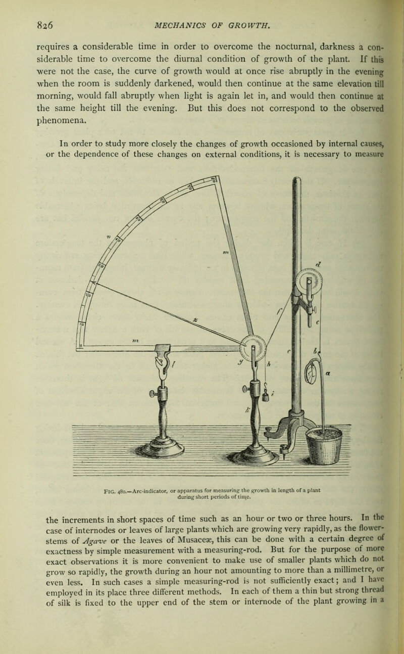 requires a considerable time in order to overcome the nocturnal, darkness a con- siderable time to overcome the diurnal condition of growth of the plant. If this were not the case, the curve of growth would at once rise abruptly in the evening when the room is suddenly darkened, would then continue at the same elevation till morning, would fall abruptly when light is again let in, and would then continue at the same height till the evening. But this does not correspond to the observed phenomena. In order to study more closely the changes of growth occasioned by internal causes, or the dependence of these changes on external conditions, it is necessary to measure Fig. 480.—Arc-indicator, or apparatus for measuring the growth in length of a plant during short periods of time. the increments in short spaces of time such as an hour or two or three hours. In the case of internodes or leaves of large plants which are growing very rapidly, as the flower- stems of Hga-ve or the leaves of Musaceae, this can be done with a certain degree of exactness by simple measurement with a measuring-rod. But for the purpose of more exact observations it is more convenient to make use of smaller plants which do not grow so rapidly, the growth during an hour not amounting to more than a millimetre, or even less. In such cases a simple measuring-rod is not sufficiently exact; and I have employed in its place three different methods. In each of them a thin but strong thread of silk is fixed to the upper end of the stem or internode of the plant growing in a