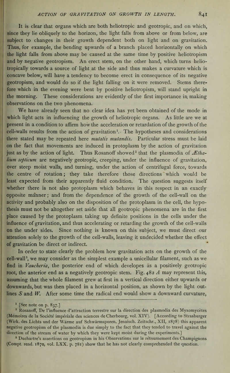 It is clear that organs which are both heliotropic and geotropic, and on which, since they He obliquely to the horizon, the light falls from above or from below, are subject to changes in their growth dependent both on light and on gravitation. Thus, for example, the bending upwards of a branch placed horizontally on which the light falls from above may be caused at the same time by positive heliotropism and by negative geotropism. An erect stem, on the other hand, which turns helio- tropically towards a source of light at the side and thus makes a curvature which is . concave below, will have a tendency to become erect in consequence of its negative geotropism, and would do so if the light falling on it were removed. Stems there- I fore which in the evening were bent by positive heliotropism, will stand upright in the morning. These considerations are evidently of the first importance ir; making observations on the tw^o phenomena. We have already seen that no clear idea has yet been obtained of the mode in which light acts in influencing the growth of heliotropic organs. As little are we at present in a condition to affirm how the acceleration or retardation of the growth of the I cell-walls results from the action of gravitation k The hypotheses and considerations j there stated may be repeated here mulatis fnulandis. Particular stress must be laid on the fact that movements are induced in protoplasm by the action of gravitation , just as by the action of light. Thus Rosanoff showed'^ that the plasmodia of .£lha- I Hum seplicum are negatively geotropic, creeping, under the influence of gravitation, over steep moist walls, and turning, under the action of centrifugal force, towards ! the centre of rotation; they take therefore those directions'w'hich would be 1 least expected from their apparently fluid condition. The question suggests itself whether there is not also protoplasm which behaves in this respect in an exactly I opposite manner; and from the dependence of the growth of the cell-wall on the ! activity and probably also on the disposition of the protoplasm in the cell, the hypo- thesis must not be altogether set aside that all geotropic phenomena are in the first place caused by the protoplasm taking up definite positions in the cells under the ' influence of gravitation, and thus accelerating or retarding the growth of the cell-walls on the under sides. Since nothing is known on this subject, we must direct our attention solely to the growth of the cell-walls, leaving it undecided whether the effect of gravitation be direct or indirect. In order to state clearly the problem how gravitation acts on the growth of the cell-walF, we may consider as the simplest example a unicellular filament, such as we I find in Vaucheria, the posterior end of which developes as a positively geotropic I root, the anterior end as a negatively geotropic stem. Fig. 482 A may represent this, I assuming that the whole filament grew at first in a vertical direction either upwards or I downwards, but was then placed in a horizontal position, as shown by the light out-- i lines 5 and W. After some time the radical end would show a downward curvature, 1 * [See note on p. 837.] 1 ^ Rosanoff, De I’influence d’attraction terrestre sur la direction des plasmodia des Myxomycetes j (Memoires de la Societe imperiale des sciences de Cherbourg, vol. XIV). [According to Strasburger I (Wirk, des Lichts und der Wärme auf Schwärmsporen, Jenaisch. Zeitschr., XII, 1878) this apparent ' negative geotropism of the plasmodia is due simply to the fact that they tended to travel against the j direction of the stream of water by which they were kept moist during the experiments.] i ’ Duchartre’s assertions on geotropism in his Observations sur le retournement des Champignons ‘ (Compt. rend. 1870, vol. LXX. p. 781) show that he has not clearly comprehended the question. I I