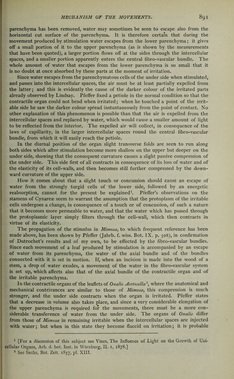 j parenchyma has been removed, water may sometimes be seen to escape also from the j horizontal cut surface of the parenchyma. It is therefore certain that during the movement produced by stimulation water escapes from the lower parenchyma; it gives I off a small portion of it to the upper parenchyma (as is shown by the measurements that have been quoted), a larger portion flows off at the sides through the intercellular I spaces, and a smaller portion apparently enters the central fibro-vascular bundle. The whole amount of water that escapes from the lower parenchyma is so small that it I is no doubt at once absorbed by these parts at the moment of irritation. ; Since water escapes from the parenchymatous cells of the under side when stimulated, and passes into the intercellular spaces, the air must be at least partially expelled from the latter; and this is evidently the cause of the darker colour of the irritated parts already observed by Lindsay. Pfeffer fixed a petiole in the normal condition so that the contractile organ could not bend when irritated; when he touched a point of the irrit- able side he saw the darker colour spread instantaneously from the point of contact. No other explanation of this phenomenon is possible than that the air is expelled from the intercellular spaces and replaced by water, which would cause a smaller amount of light to be reflected from the interior. The expelled air will collect, in consequence of the laws of capillarity, in the larger intercellular spaces round the central fibro-vascular bundle, from which it will easily reach the petiole. In the diurnal position of the organ slight transverse folds are seen to run along both sides which after stimulation become more shallow on the upper but deeper on the under side, showing that the consequent curvature causes a slight passive compression of the under side. This side first of all contracts in consequence of its loss of water and of the elasticity of its cell-walls, and then becomes still further compressed by the down- ward curvature of the upper side. How it comes about that a slight touch or concussion should cause an escape of water from the strongly turgid cells of the lower side, followed by an energetic reabsorption, cannot for the present be explained'. Pfeifer’s observations on the stamens of Cynareae seem to warrant the assumption that the protoplasm of the irritable ( cells undergoes a change, in consequence of a touch or of concussion, of such a nature 1 that it becomes more permeable to water, and that the water which has passed through the protoplasmic layer simply filters through the cell-wall, which then contracts in virtue of its elasticity. The propagation of the stimulus in Mimosa, to which frequent reference has been made above, has been shown by Pfeffer (Jahrb. f. wiss. Bot. IX. p. 308), in confirmation of Dutrochet’s results and of my own, to be effected by the fibro-vascular bundles. Since each movement of a leaf produced by stimulation is accompanied by an escape of water from its parenchyma, the water of the axial bundle and of the bundles connected with it is set in motion. If, when an incision is made into the wood of a stem, a drop of water exudes, a movement of the water in the fibro-vascular system is set up, which affects also that of the axial bundle of the contractile organ and of the irritable parenchyma. In the contractile organs of the leaflets of Oxalis Acetosella'^, where the anatomical and mechanical contrivances are similar to those of Mimosa, this compression is much stronger, and the under side contracts when the organ is irritated. Pfeffer states that a decrease in volume also takes place, and since a very considerable elongation of the upper parenchyma is required for the movements, there must be a more con- siderable transference of water from the under side. The organs of Oxalis differ from those of Mimosa in remaining irritable when the intercellular spaces are injected with water; but when in this state they become flaccid on irritation; it is probable ' [For a discussion of this subject see Vines, The Influence of Light on the Growth of Uni- cellular Organs, Arb. d. bot. Inst, in Wiirzburg, II. i, 1878.] ’ See Sachs, Bot. Zeit. 1857, pL XIII.