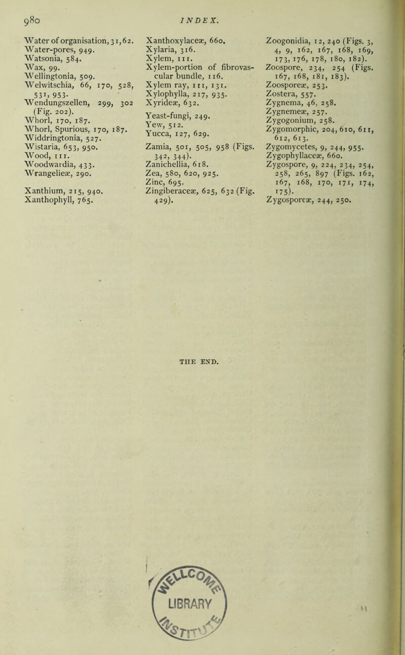 Water of organisation, 31,62. Water-pores, 949. Watsonia, 584. Wax, 99. Wellingtonia, 509. Welwitschia, 66, 170, 528, 531. 953- Wendungszellen, 299, 302 (Fig. 202). Whorl, 170, 187. Whorl, Spurious, 170, 187. Widdrin^onia, 527. Wistaria, 653, 950. Wood, III. Woodwardia, 433. Wrangelieae, 290. Xanthium, 215, 940. Xanthophyll, 765. Xanthoxylaceae, 660. Xylaria, 316. Xylem, ii i. Xylem-portion of fibrovas- cular bundle, 116. Xylem ray, i ii, 131. Xylophylla, 217, 935. Xyrideae, 632. Yeast-fungi, 249. Yew, 512. Yucca, 127, 629. Zamia, 501, 505, 958 (Figs. 342, 344)- Zanichellia, 618. Zea, 580, 620, 925. Zinc, 695. Zingiberaceae, 625, 632 (Fig. 429). Zoogonidia, 12, 240 (Figs. 3, 4, 9, 162, 167, 168, 169, 173) 176, 178, 180, 182). Zoospore, 234, 254 (Figs. 167, 168, 181, 183). Zoosporeae, 253. Zostera, 557. Zygnema, 46, 258. Zygnemeae, 257. Zygogonium, 258. Zygomorphic, 204,610, 611, 612, 613. Zygomycetes, 9, 244, 955. Zygophyllaceae, 660. Zygospore, 9, 224, 234, 254, 258, 265, 897 (Figs. 162, 167, 168, 170, 171, 174, T75). Zygosporcae, 244, 250. THE END.