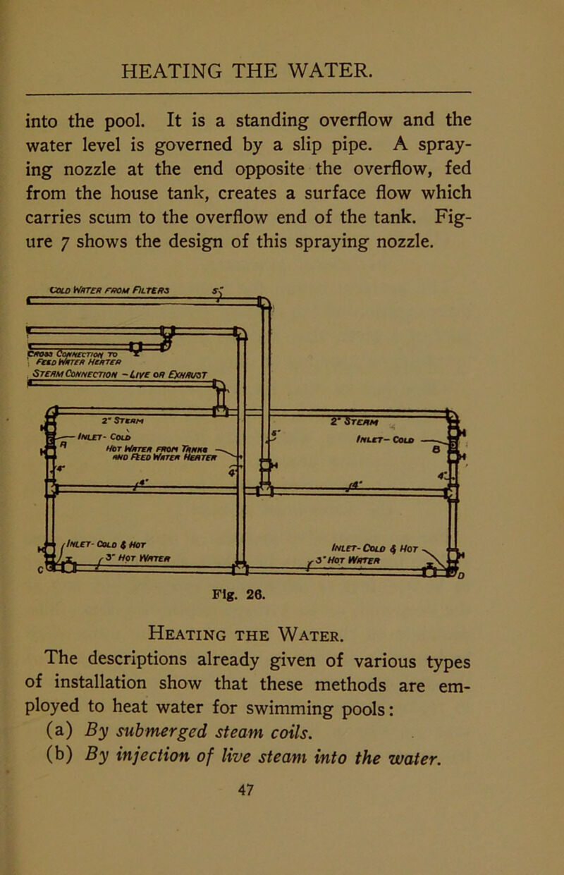 HEATING THE WATER. into the pool. It is a standing overflow and the water level is governed by a slip pipe. A spray- ing nozzle at the end opposite the overflow, fed from the house tank, creates a surface flow which carries scum to the overflow end of the tank. Fig- ure 7 shows the design of this spraying nozzle. cold Witter rffou Alters *= = ' 3 OTOM Connection To ^ : feto WHTER HERTER , StermConnection -Live or EHhri/st , i * ► M c [ ’ 2 Sterm - Inlet- Cold ** Hot Wrter FRon Trnko nNo Ft ed Whte* Hen ter ^ $ —atll < 2' &TCRM 1 ; * Inlet- Colo ! e : h 41 . . J£. i> 1 /Inlet- Colo t Hot /i. / 3' Hot yVRTER — £ Inlet- Colo 4 Hot . i Fig. 26. Heating the Water. The descriptions already given of various types of installation show that these methods are em- ployed to heat water for swimming pools: (a) By submerged steam coils. (b) By injection of live steam into the water.