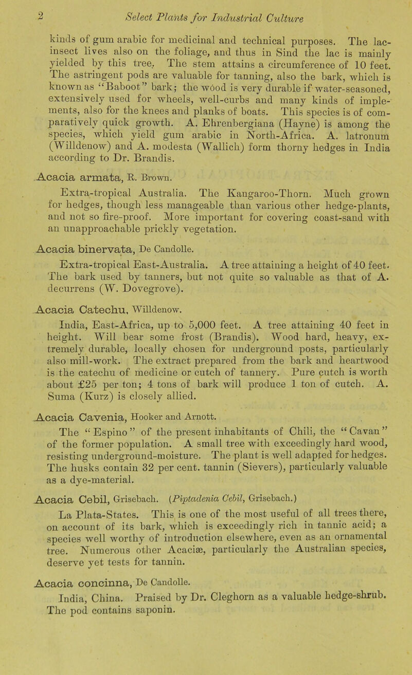 kinds of gum arabic for medicinal and technical purposes. The lac- insect lives also on the foliage, and thus in Sind the lac is mainly- yielded by this tree, The stem attains a circumference of 10 feet. The astringent pods are valuable for tanning, also the bark, which is known as “Baboot” bark; the wood is very durable if water-seasoned, extensively used for wheels, well-curbs and many kinds of imple- ments, also for the knees and planks of boats. This species is of com- paratively quick growth. A. Ehrenbergiana (Hayne) is among the species, which yield gum arabic in North-Africa. A. latronum (Willdenow) and A. modesta (Wallich) form thorny hedges in India according to Dr. Brandis. Acacia armata, R. Brown. Extra-tropical Australia. The Kangaroo-Thorn. Much grown for hedges, though less manageable than various other hedge-plants, and not so fire-proof. More important for covering coast-sand with an unapproachable prickly vegetation. Acacia binervata, De Candolle. Extra-tropical East-Australia. A tree attaining a height of 40 feet. The bark used by tanners, but not quite so valuable as that of A. decurrens (W. Dovegrove). Acacia Catechu, Willdenow. India, East-Africa, up to 5,000 feet. A tree attaining 40 feet in height. Will bear some frost (Brandis). Wood hard, heavy, ex- tremely durable, locally chosen for underground posts, particularly also mill-work. The extract prepared from the bark and heartwood is the catechu of medicine or cutch of tannery. Pure cutch is worth about £25 per ton; 4 tons of bark will produce 1 ton of cutch. A. Suma (Ivurz) is closely allied. Acacia Cavenia, Hooker and Arnott. The “ Espino ” of the present inhabitants of Chili, the “ Cavan ” of the former population. A small tree with exceedingly hard wood, resisting underground-moisture. The plant is well adapted for hedges. The husks contain 32 per cent, tannin (Sievers), particularly valuable as a dye-material. Acacia Cebil, Grisebach. (Piptaclenia Cebil, Grisebach.) La Plata-States. This is one of the most useful of all trees there, on account of its bark, which is exceedingly rich in tannic acid; a species well worthy of introduction elsewhere, even as an ornamental tree. Numerous other Acacias, particularly the Australian species, deserve yet tests for tannin. Acacia concinna, He Candolle. India, China. Praised by Dr. Cleghorn as a valuable hedge-shrub. The pod contains saponin.