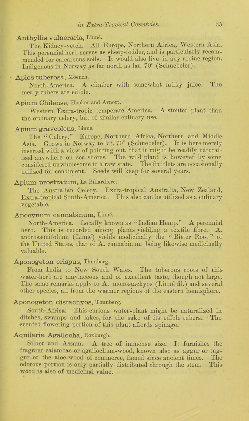 Anthyllis vulneraria, Linne. The Kidney-vetch. All Europe, Northern Africa, Western Asia. This perennial herb serves as sheep-fodder, and is particularly recom- mended for calcareous soils. It would also live in any alpine region. Indigenous in Norway jis far north as lat. 70° (Schuebeler). Apios tuberosa, Moench. North-America. A climber with somewhat milky juice. The mealy tubers are edible. Apium Chilense, Hooker and Arnott. Western Extra-tropic temperate America. A stouter plant than the ordinary celery, but of similar culinary use. Apium graveolens, Linne. The “ Celery.” Europe, Northern Africa, Northern and Middle Asia. Grows in Norway to lat. 70° (Schuebeler). It is here merely inserted with a view of pointing out, that it might be readily natural- ized anywhere on sea-shores. The wild plant is however by some considered unwholesome in a raw state. The fruitlets are occasionally utilized for condiment. Seeds will keep for several years. Apium prostratum, La Billardiere. The Australian Celery. Extra-tropical Australia, New Zealand, Extra-tropical South-America. This also can be utilized as a culinary vegetable. Apocynum cannabinum, Linne. North-America. Locally known as “ Indian Hemp.” A perennial herb. This is recorded among plants yielding a textile fibre. A. androsamiifolium (Linne) yields medicinally the “ Bitter Boot ” of the United States, that of A. cannabinum being likewise medicinally valuable. Aponogeton crispus, Tkunberg. From India to New South Wales. The tuberous roots of this water-herb are amylaceous and of excellent taste, though not large. The same remarks apply to A. monostachyos (Linne fil.) and several other species, all from the warmer regions of the eastern hemisphere. Aponogeton distachyos, Thunberg. South-Africa. This curious water-plant might be naturalized in ditches, swamps and lakes, for the sake of its edible tubers. The scented flowering portion of this plant affords spinage. Aquilaria Agallocha, Roxburgh. Silhet and Assam. A tree of immense size. It furnishes the fragrant calambac or agallochum-wood, known also as aggur or tug- gur or the aloe-wood of commerce, famed since ancient times. The odorous portion is only partially distributed through the stem. This wood is also of medicinal value.