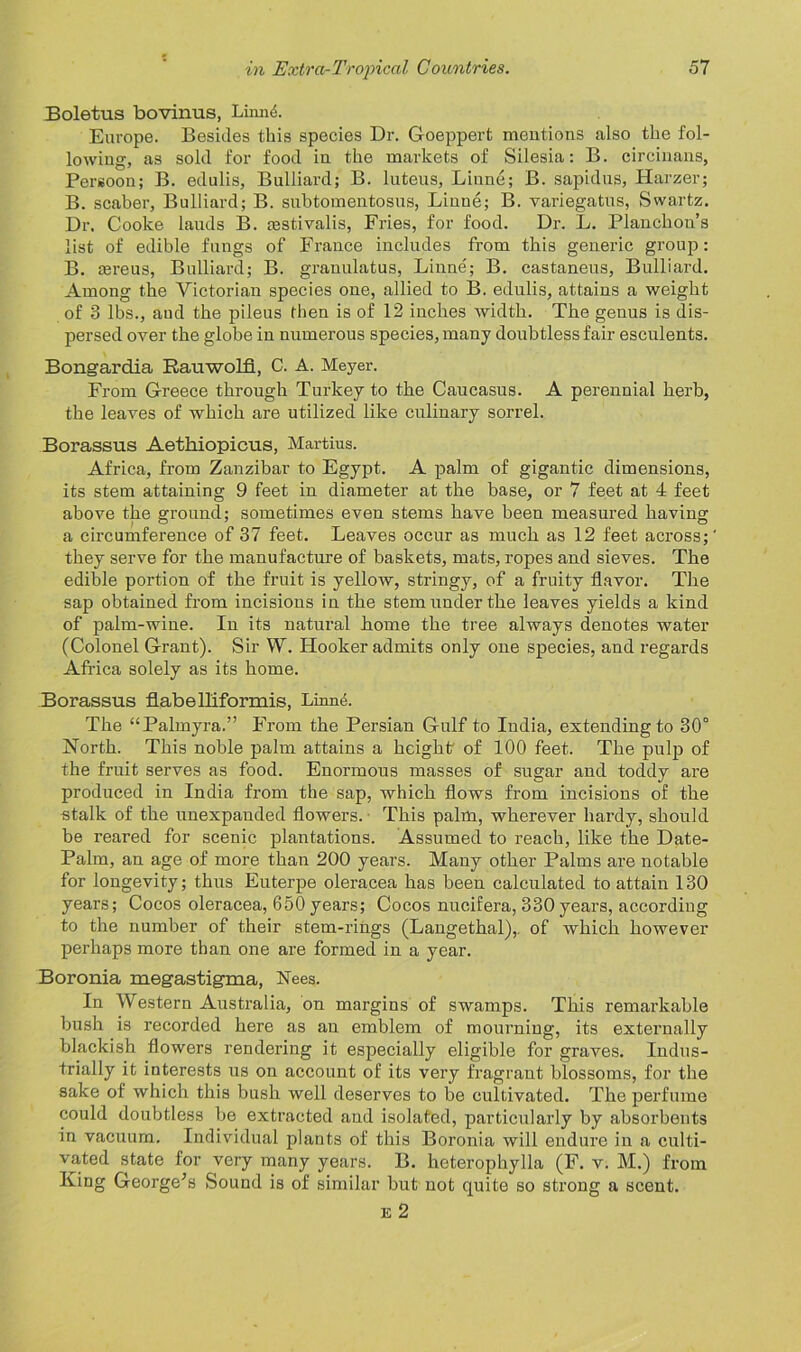 Boletus bovinus, LinnA Europe. Besides this species Dr. Goeppert mentions also the fol- lowing, as sold for food in the markets of Silesia: B. circinans, Persoon; B. edulis, Bulliard; B. luteus, Linne; B. sapidus, Harzer; B. scaber, Bulliard; B. subtomentosus, Linne; B. variegatus, Swartz. Dr. Cooke lauds B. aestivalis, Fries, for food. Dr. L. Planchon’s list of edible fungs of France includes from this generic group: B. rereus, Bulliard; B. granulatus, Linne; B. castaneus, Bulliard. Among the Victorian species one, allied to B. edulis, attains a weight of 3 lbs., and the pileus then is of 12 inches width. The genus is dis- persed over the globe in numerous species, many doubtless fair esculents. Bongardia Rauwolfl, C. A. Meyer. From Greece through Turkey to the Caucasus. A perennial herb, the leaves of which are utilized like culinary sorrel. Borassus Aethiopicus, Martius. Africa, from Zanzibar to Egypt. A palm of gigantic dimensions, its stem attaining 9 feet in diameter at the base, or 7 feet at 4 feet above the ground; sometimes even stems have been measured having a circumference of 37 feet. Leaves occur as much as 12 feet across;' they serve for the manufacture of baskets, mats, ropes and sieves. The edible portion of the fruit is yellow, stringy, of a fruity flavor. The sap obtained from incisions in the stem under the leaves yields a kind of palm-wine. In its natural home the tree always denotes water (Colonel Grant). Sir VY. Hooker admits only one species, and regards Africa solely as its home. Borassus flabelliformis, Linne. The “Palmyra.” From the Persian Gulf to India, extending to 30° North. This noble palm attains a height of 100 feet. The pulp of the fruit serves as food. Enormous masses of sugar and toddy are produced in India from the sap, which flows from incisions of the stalk of the unexpauded flowers. This palm, wherever hardy, should be reared for scenic plantations. Assumed to reach, like the Date- Palm, an age of more than 200 years. Many other Palms are notable for longevity; thus Euterpe oleracea has been calculated to attain 130 years; Cocos oleracea, 650 years; Cocos nucifera, 330 years, according to the number of their stem-rings (Langethal), of which however perhaps more than one are formed in a year. Boronia ruegastigma, Nees. In Western Australia, on margins of swamps. This remarkable bush is recorded here as an emblem of mourning, its externally blackish flowers rendering it especially eligible for graves. Indus- trially it interests us on account of its very fragrant blossoms, for the sake of which this bush well deserves to be cultivated. The perfume could doubtless be extracted and isolated, particularly by absorbents in vacuum. Individual plants of this Boronia will enduire in a culti- vated state for very many years. B. heterophylla (F. v. M.) from King George’s Sound is of similar but not quite so strong a scent. e 2