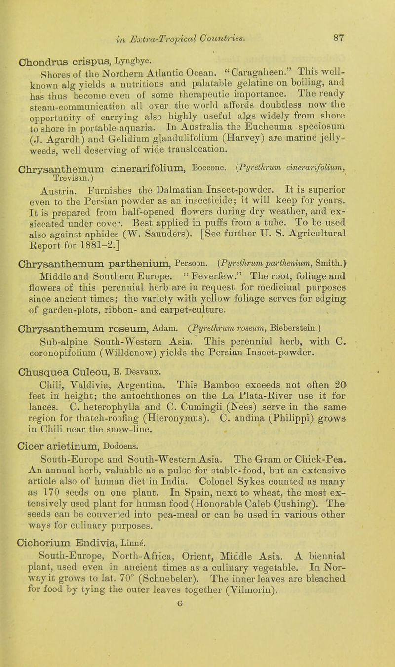 Chondrus crispus, Lyngbye. Shores of the Northern Atlantic Ocean. “ Caragaheen.” This well- known alg yields a nutritious and palatable gelatine on boiling, and has thus become even of some therapeutic importance. The ready steam-communication all over the world affords doubtless now the opportunity of carrying also highly useful algs widely from shore to shore in portable aquaria. In Australia the Eucheuma speciosum (J. Agardh) and Gelidium glandulifolium (Harvey) are marine jelly- weeds, well deserving of wide translocation. Chrysanthemum cinerarifolium, Boccone. {Pyrethrum dnerarifolium, Trevisan.) Austria. Furnishes the Dalmatian Insect-powder. It is superior even to the Persian powder as an insecticide; it will keep for years. It is prepared from half-opened flowers during dry weather, and ex- siccated under cover. Best applied in puffs from a tube. To be used also against aphides (W. Saunders). [See further U. S. Agricultural Report for 1881-2.] Chrysanthemum parthenium, Persoon. (Pyrethrumparthenium, Smith.) Middle and Southern Europe. “Feverfew.” The root, foliage and flowers of this perennial herb are in request for medicinal purposes since ancient times; the variety with yellow foliage serves for edging of garden-plots, ribbon- and carpet-culture. Chrysanthemum roseum, Adam. (Pyrethrum roseum, Bieberstein.) Sub-alpine South-Western Asia. This perennial herb, with C. coronopifolium (Willdenow) yields the Persian Insect-powder. Chusquea Culeou, E. Desvaux. Chili, Yaldivia, Argentina. This Bamboo exceeds not often 20 feet in height; the autochthones on the La Plata-River use it for lances. C. heterophylla and C. Cumingii (Ne'es) serve in the same region for thatch-roofing (Hieronymus). C. andina (Philippi) grows in Chili near the snow-line. Cicer arietinum, Dodoens. South-Europe and South-Western Asia. The Gram or Chick-Pea. An annual herb, valuable as a pulse for stable-food, but an extensive article also of human diet in India. Colonel Sykes counted as many as 170 seeds on one plant. In Spain, next to wheat, the most ex- tensively used plant for human food (Honorable Caleb Cushing). The seeds can be converted into pea-meal or can be used in various other ways for culinary purposes. Cichorium Endivia, Linnu. South-Europe, North-Africa, Orient, Middle Asia. A biennial plant, used even in ancient times as a culinary vegetable. In Nor- way it grows to lat. 70° (Schuebeler). The inner leaves are bleached for food by tying the outer leaves together (Vilmorin). G