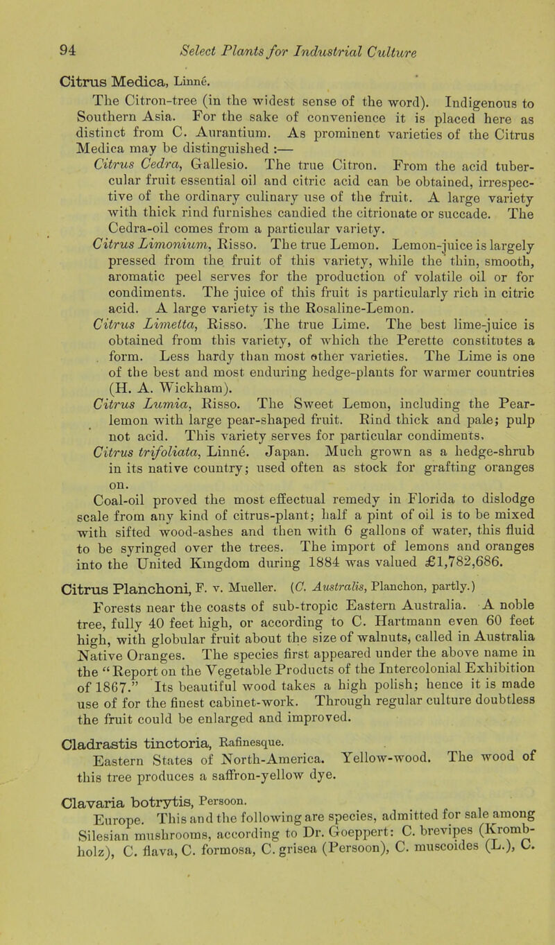 Citrus Medica, Linne. The Citron-tree (in the widest sense of the word). Indigenous to Southern Asia. For the sake of convenience it is placed here as distinct from C. Aurantium. As prominent varieties of the Citrus Medica may he distinguished :— Citrus Cedra, Gallesio. The true Citron. From the acid tuber- cular fruit essential oil and citric acid can be obtained, irrespec- tive of the ordinary culinary use of the fruit. A large variety with thick rind furnishes candied the citrionate or succade. The Cedra-oil comes from a particular variety. Citrus Limonium, Risso. The true Lemon. Lemon-juice is largely pressed from the fruit of this variety, while the’ thin, smooth, aromatic peel serves for the production of volatile oil or for condiments. The juice of this fruit is particularly rich in citric acid. A large variety is the Rosaline-Lemon. Citrus Limetta, Risso. The true Lime. The best lime-juice is obtained from this variety, of which the Perette constitutes a form. Less hardy than most other varieties. The Lime is one of the best and most enduring hedge-plants for warmer countries (H. A. Wickham). Citrus Lumia, Risso. The Sweet Lemon, including the Pear- lemon with large peai’-shaped fruit. Rind thick and pale; pulp not acid. This variety serves for particular condiments. Citrus trifoliata, Linne. Japan. Much grown as a hedge-shrub in its native country; used often as stock for grafting oranges on. Coal-oil proved the most effectual remedy in Florida to dislodge scale from any kind of citrus-plant; half a pint of oil is to be mixed with sifted wood-ashes and then with 6 gallons of water, this fluid to be syringed over the trees. The import of lemons and oranges into the United Kingdom during 1884 was valued £1,782,686. Citrus Planchoni, F. V. Mueller. (C. Australis, Planchon, partly.) Forests near the coasts of sub-tropic Eastern Australia. A noble tree, fully 40 feet high, or according to C. Hartmann even 60 feet high, with globular fruit about the size of walnuts, called in Australia Native Oranges. The species first appeared under the above name in the “Report on the Vegetable Products of the Intercolonial Exhibition of 1867.” Its beautiful wood takes a high polish; hence it is made use of for the finest cabinet-work. Through regular culture doubtless the fruit could be enlarged and improved. Cladrastis tinctoria, Rafinesque. Eastern States of North-America. Yellow-wood. The wood of this tree produces a saffron-yellow dye. Clavaria botrytis, Persoon. Europe. This and the following are species, admitted for sale among Silesian mushrooms, according to Dr. Goeppert: C. brevipes (Ivromb- holz), C. flava, C. formosa, C. grisea (Persoon), C. muscoules (L.), U
