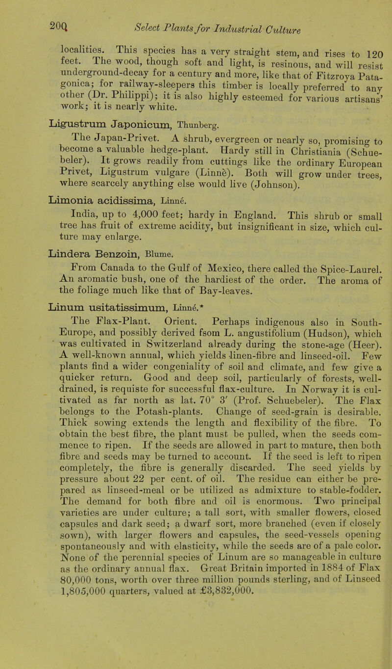 localities. This species has a very straight stem, and rises to 120 feet. The wood, though soft and light, is resinous, and will resist underground-decay for a century and more, like that of Fitzroya Pata- gonica; for railway-sleepers this timber is locally preferred to any other (Di. Philippi); it is also highly esteemed for various artisans’ work; it is nearly white. Lig-ustrum Japonicum, Thunberg. The Japan-Privet. A shrub, evergreen or nearly so, promising to become a valuable hedge-plant. Hardy still in Christiania (Schue- beler). It grows readily from cuttings like the ordinary European Privet, Ligustrum vulgare (Linne). Both will grow under trees, where scarcely anything else would live (Johnson). Limonia acidissima, Linne. India, up to 4,000 feet; hardy in England. This shrub or small tree has fruit of extreme acidity, but insignificant in size, which cul- ture may enlarge. Lindera Benzoin, Blume. From Canada to the G-ulf of Mexico, there called the Spice-Laurel. An aromatic bush, one of the hardiest of the order. The aroma of the foliage much like that of Bay-leaves. Linum usitatissimum, Linne.* The Flax-Plant. Orient. Perhaps indigenous also in South- Europe, and possibly derived fsom L. angustifolium (Hudson), which was cultivated in Switzerland already during the stone-age (Heer). A well-known annual, which yields -linen-fibre and linseed-oil. Few plants find a wider congeniality of soil and climate, and few give a quicker return. Good and deep soil, particularly of forests, well- drained, is requiste for successful flax-culture. In Norway it is cul- tivated as far north as lat. 70“ 3' (Prof. Schuebeler). The Flax belongs to the Potash-plants. Change of seed-grain is desirable. Thick sowing extends the length and flexibility of the fibre. To obtain the best fibre, the plant must be pulled, when the seeds com- mence to ripen. If the seeds are allowed in part to mature, then both fibre and seeds may be turned to account. If the seed is left to ripen completely, the fibre is generally discarded. The seed yields by pressure about 22 per cent, of oil. The residue can either be pre- pared as linseed-meal or be utilized as admixture to stable-fodder. The demand for both fibre and oil is enormous. Two principal varieties are under culture; a tall sort, with smaller flowers, closed capsules and dark seed; a dwarf sort, more branched (even if closely sown), with larger flowers and capsules, the seed-vessels opening spontaneously and with elasticity, while the seeds are of a pale color. None of the perennial species of Linum are so manageable in culture as the ordinary annual flax. Great Britain imported in 1884 of Flax 80.000 tons, worth over three million pounds sterling, and of Linseed 1.805.000 quarters, valued at £3,832,000.