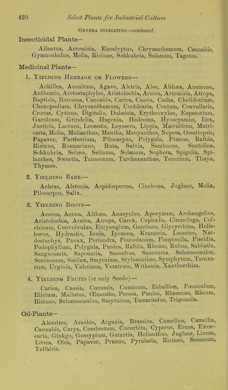 Genera indicating—continued. Insecticidal Plants— Ailantus, Artemisia, Eucalyptus, Chrysanthemum, Cannabis, Gymnocladus, Melia, Ricinus, Schkuhria, Solanum, Tagetes. Medicinal Plants— 1. Yielding Herbage or Flowers— Achillea, Aconitum, Agave, Aletris, Aloe, A1 tinea, Anemone, Anthemis, Arctostaphylos, Aristolochia, Arnica, Artemisia, Atropa, Baptisia, Barosma, Cannabis, Carica, Cassia, Catha, Chelidonium, Chenopodium, Chrysanthemum, Cochlearia, Conium, Convallaria, Crocus, Cytisus, Digitalis, Duboisia, Erythroxylon, Eupatorium, Garuleum, Grindelia, Ilagenia, Hedeoma, Hyoscyamus, Ilex, Justicia, Lactuca, Leonotis, Leyssera, Lippia, Marrubium, Matri- caria, Melia, Melianthus, Mentha, Menyanthes, Nepeta, Osmitopsis, Papaver, Parthenium, Pilocarpus, Polygala, Prunus, Rafnia, Ricinus, Rosmarinus, Ruta, Salvia, Sambucus, Santolina, Schkuhria, Sebma, Selinum, Solanum, Sophora, Spigelia, Spi- lanthes, Swertia, Tanacetum, Tarchonanthus, Teucrium, Thuya, Thymus. 2. Yielding Bark— Achras, Alstonia, Aspidosperma, Cinchona, Juglans, Melia, Pilocarpus, Salix. 3. Yielding Roots— Acorus, Actiea, Altlnea, Anacyclus, Apocynum, Archangelica, Aristolochia, Arnica, Atropa, Carex, Ceplnelis, Cimicifuga, Col- chicum, Convolvulus, Euryangium, Gentiana, Glycyrrhiza, Helle- borus, Hydrastis, Inula, Ipomcea, Krameria, Leontice, Nar- dostachys, Panax, Periandra, Peucedauum, Pimpinella, Piscidia, Podophyllum, Polygala, Punica, Rafnia, Rheum, Rubus, Sabbatia, Sanguinaria, Saponaria, Sassafras, Saussurea, Schoenocaulon, Scorzonera, Smilax, Smyrnium, Stylosanthes, Symphytum, laraxa- cuni, Urginia, Valeriana, Veratrum, Withania, Xauthorrhiza. 4. Yielding Fruits (or only Seeds)— Carica, Cassia, Cucumis, Cuminum, Ecballion, Foeniculum, Illicium, Mallotus, CEnanthe, Persea, Punica, Rhamnus, Rheum, Ricinus, Schcenocaulon, Smyrnium, hamarindus, Irigonella. Oil-Plants— Aleurites, Arachis, Argania, Brassica, Camelina, Camellia, Cannabis, Carya, Combretum, Cucurbita, Cyperus, Eruca, Excre- caria, Ginkgo, Gossypium, Guizotia, Helianthus, Juglans, Lmuni, Litsea, Olea, Papaver, Prunus, Pyrularia, Ricinus, Sesamum, Telfairia.