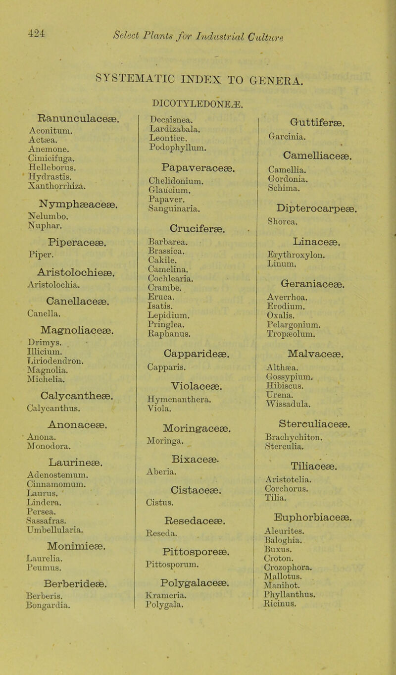 SYSTEMATIC INDEX TO Ranunculaceae. Aconitiun. Actaja. Anemone. Cimicifuga. Helleborus. Hydrastis. Xanthorrliiza. N ymphaeaceae. Nelumbo. Nnphar. Piperaceae. Piper. Aristolochieae. Aristolocbia. Canellaceae. Canella. Magnoliaceae. Drimys. Illicium. Liriodendron. Magnolia. Michelia. Calycantheae. Calycanthus. Anonaceae. Anona. Monodora. Laurineae. Adenostemum. Cinnamomum. Laurus. Lindera. Persea. Sassafras. Umbellularia. Monimieae. Laurelia. Peumus. Berberideae. Berberis. Bongardia. DICOTYLEDONE.E. Decaisnea. Lardizabala. Leontice. Podophyllum. Papaveraceae. Chelidonium. Glaucium. Papaver. Sanguinaria. Cruciferae. Barbarea. Brassica. Cakile. Camelina. Cochlearia. Crambe. Eruca. Isatis. Lepidium. Pringlea. Raphanus. Capparideae. Capparis. Violaceae. Hymenanthera. Viola. Moringaceae. Moringa. Bixaceae. Aberia. Cistaceae. Cistus. Resedaceae. Reseda. Pittosporeae. Pittosporum. Polygalaceae. Krameria. Polygala. GENERA. Guttiferse. Garcinia. Camelliaceae. Camellia. Gordonia. Schima. Dipterocarpeae. Shorea. Linaceae. Erythroxylon. Linum. Geraniaceae. Aven-hoa. Erodium. Oxalis. Pelargonium. Tropajolum. Malvaceae. Althaja. Gossypium. Hibiscus. , Urena. Wissadula. Sterculiaceae. Brachychiton. Sterculia. Tiliaceae. Aristotelia. Corchorus. Tilia. Euphorbiaceae. Aleurites. Baloghia. Buxus. Croton. Crozophora. Mallotus. Manihot. Phyllanthus. Ricinus.