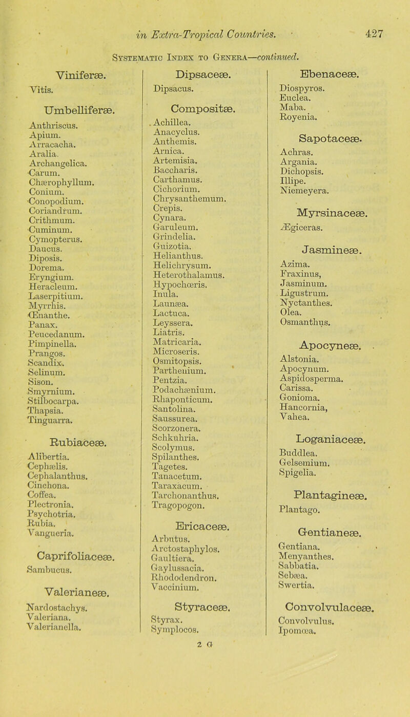 Systematic Index to Genera—continued. Viniferse. Vitis. Umbelliferse. Anthriscus. Apium. Arracacha. Aralia. Archangelica. Carum. Clner ophyllum. Conium. 'Conopodium. Coriandrum. Crithmum. ■Cumimim. Cymopterus. Daucus. Diposis. Dorema. Eryngium. Heracleum. Laserpitium. Myrrhis. (Enanthe. Panax. Peucedanum. Pimpinella. Prangos. Scandix-. Selinum. Sison. Smyrnium. Stilbocarpa. Thapsia. Tinguarra. Rubiaceae. Alibertia. Cephselis. Cephalanthus. Cinchona. Coffea. Plectronia. Psychotria. Rubia. V angueria. Caprifoliaceae. Sambucus. Valerianeae. Nardostachys. Valeriana. Valerianella. Dipsaceae. Dipsacus. Compositae. . Achillea. Anacyclus. Anthemis. Arnica. Artemisia. Baccharis. Carthamus. Cichorium. Chrysanthemum. Crepis. Cynara. Garuleum. Grindelia. Guizotia. Helianthus. Helichrysum. Heterothalamus. Hypochceris. Inula. Launaea. Lactuca. Leyssera. Liatris. Matricaria. Microseris. Osmitopsis. Partheuium. Pentzia. Podachfenium. Rhaponticum. Santolina. Saussurea. Scorzonera. Schkuhria. Scolymus. Spilanthes. Tagetes. Tanacetum. Taraxacum. Tarchonanthus. Tragopogon. Ericaceae. Arbutus. Arctostaphylos. Gaultiera. Gaylussacia. Rhododendron. Vaccinium. Styraceae. Styrax. Symplocos. Ebenaceee. Diospyros. Euelea. Maba. Royenia. Sapotaceae. Achras. Argania. Dichopsis. Illipe. Niemeyera. Myrsinaceae. /Egiceras. Jasmineae. Azima. Fraxinus, Jasminum. Ligustrum. Nyctanthes. Olea. Osmanthus. Apocyneae. Alstonia. Apocynum. Aspidosperma. Carissa. Gonioma. Hancornia, V ahea. Loganiaceae. Buddlea. Gelsemium. Spigelia. Plantagineae. Plantago. Gentianeae. Gentiana. Menyanthes. Sabbatia. Sebiea. Swertia. Convolvrilaceae. Convolvulus. Ipomoea.