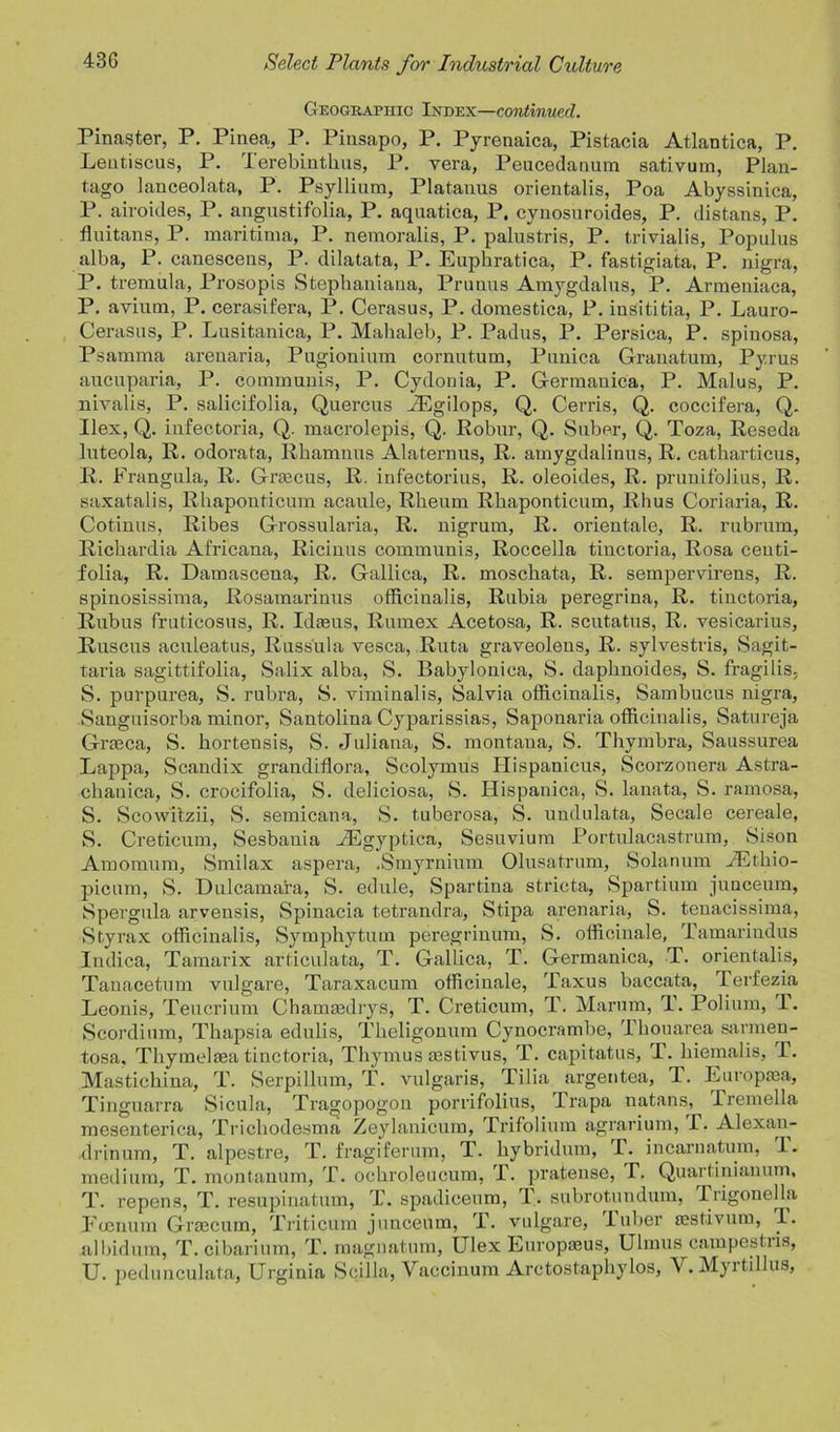 Geographic Index—continued. Pinaster, P. Pinea, P. Pinsapo, P. Pyrenaica, Pistacia Atlantica, P. Leutiscus, P. 1 erebinthus, P. vera, Peucedanum sativum, Plan- tago lanceolata, P. Psyllium, Platauus orientalis, Poa Abyssinica, P. airoides, P. angustifolia, P. aquatica, P, cynosuroides, P. distans, P. fluitans, P. maritima, P. nemoralis, P. palustris, P. trivialis, Populus alba, P. canescens, P. dilatata, P. Euphratica, P. fastigiata, P. nigra, P. tremula, Prosopis Stephaniaua, Prunus Amygdalus, P. Armeniaca, P. avium, P. cerasifera, P. Cerasus, P. domestica, P. insititia, P. Lauro- Cerasus, P. Lusitanica, P. Makaleb, P. Padus, P. Persica, P. spinosa, Psamma arenaria, Pugionium cornutum, Punica Granatum, Pyrus aucuparia, P. communis, P. Cydonia, P. Germanica, P. Malus, P. nivalis, P. salicifolia, Quercus JEgilops, Q. Cerris, Q. coccifera, Q. Ilex, Q. infectoria, Q. macrolepis, Q. Robur, Q. Sober, Q. Toza, Reseda luteola, R. odorata, Rhamnus Alaternus, R. amygdalinus, R. catharticus, R. Frangula, R. Grsecus, R. inf'ectorius, R. oleoides, R. prunifolius, R. saxatalis, Rhaponticum acaule. Rheum Rkaponticum, Rhus Coriaria, R. Cotinus, Ribes Grossularia, R. nigrum, R. orientale, R. rubrum, Richardia Africana, Ricinus communis, Roccella tinctoria, Rosa centi- folia, R. Damascena, R. Gallica, R. moschata, R. sempervirens, R. spinosissima, Rosamarinus officinalis, Rubia peregrina, R. tinctoria, Rubus fruticosus, R. Ideeus, Rumex Acetosa, R. scutatus, R. vesicarius, Ruscus aculeatus, Russula vesca, Ruta graveolens, R. sylvestris, Sagit- taria sagittifolia, Salix alba, S. Babylonica, S. daphnoides, S. fragilis, S. purpurea, S. rubra, S. viminalis, Salvia officinalis, Sambucus nigra, Sanguisorba minor, Santolina Cyparissias, Saponaria officinalis, Satureja Grrnca, S. hortensis, S. Juliana, S. montaua, S. Thvmbra, Saussurea Lappa, Scandix grandiflora, Scolymus Hispanicus, Scorzonera Astra- chanica, S. crocifolia, S. deliciosa, S. Hispanica, S. lanata, S. ramosa, S. Scowitzii, S. semicana, S. tuberosa, S. uudulata, Secale cereale, S. Creticum, Sesbauia vEgyptica, Sesuvium Portulacastrum, Sison Amomum, Smilax aspera, .Smyrnium Olusatrum, Solanum AUthio- picum, S. Dulcamara, S. edule, Spartina stricta, Spartium junceum, Spergula arvensis, Spinacia tetrandra, Stipa arenaria, S. tenacissima, Styrax officinalis, Symphytum peregriuum, S. officinale, Tamarindus Indica, Tamarix articulata, T. Gallica, T. Germanica, T. orientalis, Tanacetum vulgare, Taraxacum officinale, Taxus baccata, Terfezia Leonis, Teucrium Chammdrys, T. Creticum, T. Marum, T. Polium, T. Scordium, Thapsia edulis, Tkeligonum Cynocrambe, Thouarea sarmen- tosa, Thymelaea tinctoria, Thymus sestivus, T. capitatus, T. hiemalis, I. Mastichina, T. Serpillum, T. vulgaris, Tilia argentea, T. Europma, Tinguarra Sicula, Tragopogon porrifolius, Trapa natans, Premella mesenterica, Trichodesma Zeylanicum, Trifolium agrarium, I. Alexan- drinum, T. alpestre, T. fragiferum, T. hybridum, P. incarnatum, 1. medium, T. montanum, T. ockroleucum, T. pratense, T. Quartinianum, T. repens, T. resupinatum, T. spadiceum, T. subrotundum, Trigone 11a Foenum Gnccum, Triticum junceum, T. vulgare, luber oestivum, T. albidum, T. cibarium, T. magnatum, Ulex Europssus, Ulmus campestria, U. pedunculata, Urginia Scilla, Vaccinum Arctostaphylos, V. Mj itillus,