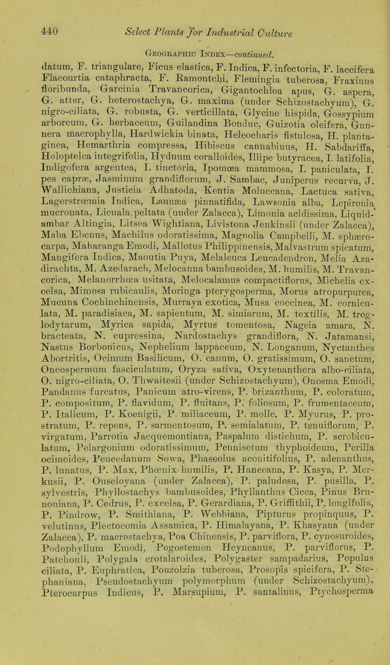 Geographic Index—continued. datum, F. triangulare, Ficus elastica, F. Indica, F. infectoria, F. laccifera Flacourtia cataphracta, F. Ramontclii, Flemingia tuberosa, Fraxinus floribunda, Garcinia Travancorica, Gigantochloa apus, G. aspera, G. atter, G. heterostachya, G. maxima (under Schizostachyum), g! nigro-ciliata, G. robusta, G. verticillata, Glycine bispida, Gossypium arboreum, G. herbaceum, Guilandina Bonduc, Guizotia oleifera, Gun- nera macropliylla, Hardwickia biuata, Heleocliaris fistulosa, H. planta- ginea, Hemarthria compressa, Hibiscus cannabinus, H. Sabdariffa, Holoptelea integrifolia, Hydnum coralloides, Illipe butyracea, I. latifolia^ Indigofera argentea, I. tinctoria, Ipomoea mammosa, I. paniculata, I. pes caprae, Jasminum grandiflorum, J. Sambac, Juniperus recurva, J. Wallichiana, Justicia Adhatoda, Kentia Moluccana, Lactuca sativa, Lagerstroemia Indica, Laumea pinnatifida, Lawsonia alba, Lepironia mucronata, Licuala.peltata (under Zalacca), Limonia acidissima, Liquid- ambar Altingia, Litsea Wightiana, Livistona Jenkinsii (under Zalacca), Maba Ebenus, Macbilus odoratissima, Magnolia Campbelli, M. sphaero- carpa, Maharanga Emodi, Mallotus Pbilippinensis,Malvastrum spicatum, Mangif'era Indica, Maoutia Puya, Melaleuca Leucadeudron, Melia Aza- dirachta, M. Azedaracli, Melocanna bambusoides, M. humilis, M. Travan- corica, Melanorrlioea usitata, Melocalamus compactiflorus, Micbelia ex- celsa, Mimosa rubicaulis, Moringa pterygosperma, Morns atropurpurea, Mucuna Cocbincbinensis, Murray a exotica, Musa coccinea, M. cornicu- lata, M. paradisiaca, M. sapientum, M. simiarum, M. textilis, M. trog- lodytarum, Myrica sapida, Myrtus tomentosa, Nageia amara, N. bracteata, N. cupressina, Nardostacliys graudiflora, N. Jatamansi, Nastus Borbonicus, Nepbelium lappaceum, N. Longanum, Nyctanthes Abortritis, Ocimum Basilicum, O. canum, 0. gratissimum, 0. sanctum, Oncospermum fascicidatum, Oryza sativa, Oxytenantbera albo-ciliata, O. nigro-ciliata, 0. Tbwaitesii (under Schizostacbyum), Onosma Emodi, Pandanus furcatus, Panicum atro-virens, P. brizanthum, P. coloratum, P. compositum, P. flavidum, P. fluitans, P. foliosum, P. frumeutaceum, P. Italicum, P. Ixoenigii, P. miliaceum, P. molle, P. Myurus, P. pro- stratum, P. repens, P. sarmentosum, P. semialatum, P. tenuiflorum7 P. virgatum, Parrotia Jacquemontiana, Paspalum distichum, P. scrobicu- latum, Pelargonium odoratissimum, Peunisetum tliypboideum, Perilla ocimoides, Peucedanum Sowa, Phaseolus aconitifolius, P. adenanthus, P. lunatus, P. Max, Phoenix humilis, P. Hanceana, P. Kasya, P. Mer- kusii, P. Ouseloyana (under Zalacca), P. paludosa, P. pusilla, P. sylvestris, Phyllostachys bambusoides, Phyllanthus Cicca, Pinus Bru- noniana, P. Cedrus, P. excelsa, P. Gerardiana, P. Griffitbii, P.. longifolia, P. Pindrow, P. Smithiana, P. Webbiana, Pipturus propinquus, P. velutinus, Plectocomia Assamica, P. Ilimalayana, P. Kbasyaua (under Zalacca), P. macrostacliya, Poa Cbiuensis, P. parviflora, P. cynosuroides, Podophyllum Emodi, Pogostemon Heyneanus, P. parviflorus, P. Patchouli, Polygala crotalaroides, Polygaster sampadarius, Populus ciliata, P. Euphratica, Pouzolzia tuberosa, Prosopis spicifera, P. Ste- pbaniana, Pseudostacbyum polymorpbum (under Schizostachyum), Pterocarpus Iudicus, P. Marsupium, P. santalinus, Ptychosperma