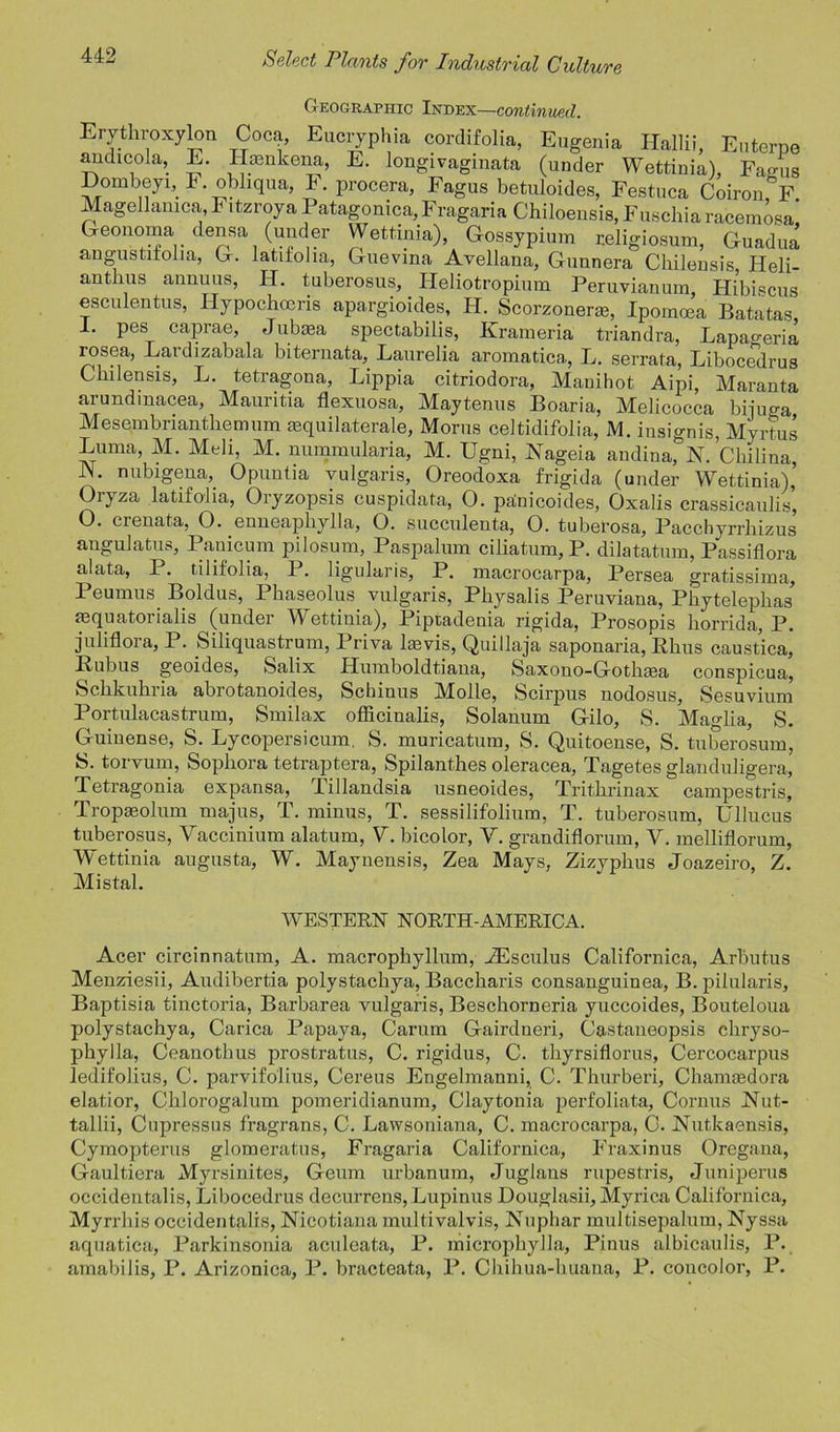 Geographic Index—continued. Erythroxylon Cocq, Eucryphia cordifolia, Eugenia Hallii, Euterpe andicola, E. Hmnkena, E. longivaginata (under Wettinia), Fagus Dombeyi, F. obliqua, F. procera, Fagus betuloides, Festuca Coiron F Magellanica, Fitzroya Patagomca,Fragaria Chiloensis, Fuschiaracemosa Geonoma densa (under Wettinia), Gossypium religiosum, Guadua angustifolia, G. latifolia, Guevma Avellana, Guunera Chilensis Heli- anthus annuus, H. tuberosus, Heliotropium Peruvianum, Hibiscus esculentus, Hypochoeris apargioides, H. Scorzonerse, Ipomcea Batatas, 1. pes caprae, Jubasa spectabilis, Krameria triandra, Lapageria rosea, Lardizabala biternata, Laurelia aromatica, L. serrata, Libocedrus Chilensis, L. tetragona, Lippia citriodora, Manihot Aipi, Maranta arundinacea, Mauritia flexuosa, Maytenus Boaria, Melicocca biiuo-a Mesembrianthemum aequilaterale, Morns celtidifolia, M. insignis, Myrtus Luma, M. Meli, M. nummularia, M. Ugni, Nageia audina, N. Chilina, N. nubigena, Opuntia vulgaris, Oreodoxa frigida (under Wettinia)’ Oryza latifolia, Oryzopsis cuspidata, 0. painicoides, Oxalis crassicaulis’ O. crenata, O. enneaphylla, O. succulenta, 0. tuberosa, Pacchyrrhizus angulatus, Panicum pilosum, Paspalum ciliatum, P. dilatatum, Passiflora alata, P. tilifolia, P. ligularis, P. macrocarpa, Persea gratissima, Peumus Boldus, Phaseolus vulgaris, Physalis Peruviana, Phytelephas mquatorialis (under Wettinia), Piptadenia rigida, Prosopis horrida, P. juliflora, P. Siliquastrum, Priva lasvis, Quillaja saponaria, Rhus caustica, Rubus geoides, Salix Humboldtiana, Saxono-Gotluea conspicua, Schkuhria abrotanoides, Schinus Molle, Scirpus nodosus, Sesuvium P ortulacastrum, Smilax officinalis, Solanum Gilo, S. Maglia, S. Guinense, S. Lycopersicum, S. muricatum, S. Quitoense, S. tuberosum, S. torvum, Sophora tetraptera, Spilanthes oleracea, Tagetes glanduligera, Tetragonia expansa, Tillandsia usneoides, Trithrinax campestris, Tropteolum majus, T. minus, T. sessilifoliura, T. tuberosum, Ullucus tuberosus, Vaccinium alatum, V. bicolor, Y. grandiflorum, Y. melliflorum, Wettinia augusta, W. Maynensis, Zea Mays, Zizyphus Joazeiro, Z. Mistal. WESTERN NORTH-AMERICA. Acer circinnatum, A. macrophyllum, ZEsculus Californica, Arbutus Menziesii, Audibertia polystachya, Baccharis consanguinea, B. pilularis, Baptisia tinctoria, Barbarea vulgaris, Beschorneria yuccoides, Bouteloua polystachya, Carica Papaya, Carum Gairdneri, Castaneopsis chryso- phylla, Ceanothus prostratus, C. rigidus, C. tliyrsiflorus, Cercocarpus ledifolius, C. parvifolius, Cereus Engelmanni, C. Thurberi, Chamcedora elatior, Chlorogalum pomeridianum, Claytonia perfoliata, Cornus Nut- tall ii, Cupressus fragrans, C. Lawsoniana, C. macrocarpa, G. Nutkaensis, Cymopterus glomeratus, Fragaria Californica, Fraxinus Oregana, Gaultiera Myrsinites, Geum urbanum, Juglans rupestris, Junipenis occidentalis, Libocedrus decurrens, Lupinus Douglasii, Myrica Californica, Myrrhis occidentalis, Nicotiana multivalvis, Nuphar multisepalum, Nyssa aquatica, Parkinsonia aculeata, P. microphylla, Pinus albicaulis, P. amabilis, P. Arizonica, P. bracteata, P. Chihua-huana, P. concolor, P.