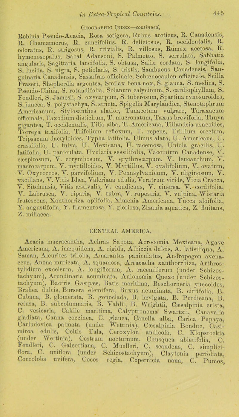 Geographic Index—continued. Robinia Pseudo-Acacia, Rosa setigera, Rubus arcticus, R. Canadensis, R. Chanuemorus, R. cuneifolius, R. deliciosus, R. occidentalis, R. odoratus, R. strigosus, R. trivialis, R. villosus, Rumex acetosa, R. liymenosepalus, Sabal Adansoni, S. Palmetto, S. serrulata, Sabbatia angularis, Sagittaria lancifolia, S. obtusa, Salix cordata, S. longifolia, S. lucida, S. nigra, S. petiolaris, S. tristis, Sambucus Canadensis, San- guinaria Canadensis, Sassafras officinale, Schoenocaulon officinale, Scilla Fraseri, Shepberdia argentea, Smilax bona nox, S. glauca, S. medica, S. Pseudo-China, S. ro.tuudifolia, Solanum calycinum, S. cardiopkyllum, S. Feudleri, S. Jamesii, S. oxycarpum, S. tuberosum, Spartina cynosuroides, S. juncea, S. polystackya, S. stricta, Spigelia Marylandica, Stenotaphrum Americanum, Stylosanthes elatior, Tanacetum vulgare, Taraxacum officinale, Taxodium distichum, T. mucronatum, Taxus brevifolia, Thuya gigantea, T. occidentalis, Tilia alba, T. Americana, Tillandsia usneoides, Torreya taxifolia, Trifolium reflexum, T. repens, Trillium erectum, Tripsacum dactyloides, Typha latifolia, Ulmus alata, U. Americana, U. crassifolia, U. fulva, U. Mexicana, U. racemosa, Uniola gracilis, IT. latifolia, U. paniculata, Uvularia sessilifolia, Vaccinium Canadense, V. casspitosum, V. corymbosum, Y. prythrocarpum, V. leucauthum, Y. macrocarpum, Y. myrtilloides, V. Myrtillus, Y. ovalifolium, V. ovatum, V. Oxycoccos, Y. parvifolinm, V. Pennsylvanicum, V. uliginosum, Y. vacillans, Y. Vitis Idsea, Yaleriaua edulis, Yeratrum viride, Yicia Cracca, Y. Sitchensis, Vitis mstivalis, Y. candicans, Y. ciuerea, Y. cordifolia, V. Labrusca, V. riparia, V. rubra, V. rupestris, Y. vulpina, Wistaria frutescens, Xanthorriza apiifolia, Ximenia Americana, Yucca aloifolia, Y. angustifolia, Y. filamentosa, Y. gloriosa, Zizania aquatica, Z. fluitans, Z. miliacea. CENTRAL AMERICA. Acacia macracantha, Achras Sapota, Acrocomia Mexicana, Agave Americana, A. imequidens, A. rigida, Albizzia dulcis, A. latisiliqua, A. Saman, Aleurites triloba, Amarantus paniculatus, Andropogon avena- ceus, Auona muricata, A. squamosa, Arracacha xauthorrhiza, Artliros- tylidium excelsum, A. longiflorum, A. racemiferum (under Schizos- tachyum), Arundinaria acuminata, Aulonemia Quexo (under Schizos- tachyum), Bactris Gasipms, Batis maritima, Beschorneria yuccoides, Brahea dulcis, Bursera elemifera, Buxus .acuminata, B. citrifolia, B. Cubaua, B. glomerata, B. gonoclada, B. lmvigata, B. Purdieana, B. retusa, B. subcolumnaris, B. Vahlii, B. Wrightii, Caesalpinia crista, G. vesicaria, Cakile maritima, Calyptronoma Swartzii, Canavalia gladiata, Canna coccinea, C. glauca, Canella alba, Carica Papaya, Carludovica palmata (under Wottinia), Cmsalpinia Bonduc, Casi- miroa edulis, Celtis Tala, Ceroxylou andicola, C. Klopstockia (under Weltinia), Centrum nocturnum, Chusquea abietifolia, C. Fendleii, C. Galeottiana, C. Muelleri, C. scandens, C. simplici- flora, C. uniflora (under Schizostacliyum), Claytonia perfoliata, Coccoloba uvifera, Cocos regia, Copernicia naua, C. Pumos,