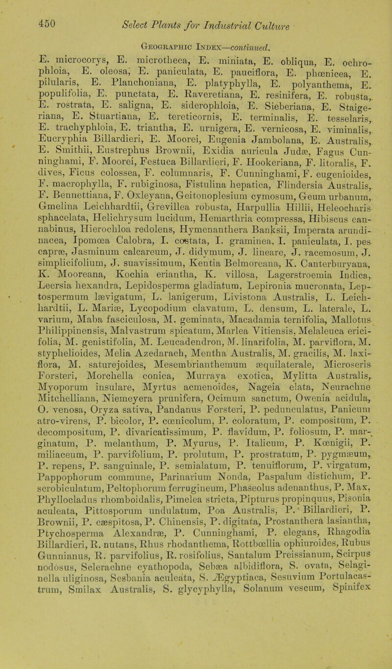 Geographic Index—continued. E. microcorys, E. microtheca, E. miniata, E. obliqua, E. ocliro- phloia, E. oleosa; E. paniculata, E. pauciflora, E. phoenicea, E. pilularis, E. Planchoniana, E. platyphylla, E. polyanthema, E. populifolia, E. punctata, E. Raveretiana, E. resinifera, E. robusta,. E. rostrata, E. saligna, E. sideropbloia, E. Sieberiana, E. Staige- riana, E. Stuartiana, E. tereticornis, E. terminalis, E. tesselaris,. E. trachyphloia, E. triantha, E. urnigera, E. vernicosa, E. viminalis, Eucryphia Billardieri, E. Moorei, Eugenia Jambolana, E. Australis, E. Smithii, Eustrephus Brownii, Exidia auricula Judge, Fagus Cun- ninghami, F. Moorei, Festuca Billardieri, F. Hookeriana, F. litoralis, F. dives, Ficus colossea, F. columnaris, F. Cuuningliami, F. eugeuioides, F. macrophylla, F. rubiginosa, Fistulina hepatica, Flindersia Australis, F. Beunettiana, F. Oxleyaua, Geitonoplesium cymosum, G-eum urbanum, Gmelina Leiclihardtii, Grevillea robusta, Harpullia Hillii, Heleocharis sphacelata, Helickrysum lucidum, Ilemarthria compressa, Hibiscus can- nabinus, Hierocbloa redolens, Hymenanthera Banjcsii, Imperata arundi- nacea, Ipomoea Calobra, I. coetata, I. graminea, I. paniculata, I. pes capne, Jasminum calcareum, J. didvmum, J. lineare, J. racemosum, J. simplicifolium, J. suavissimum, Keutia Belmoreaua, K. Canterburyana, Iv. Mooreana, Kocbia eriantba, K. villosa, Lagerstroemia Iudica, Leersia hexandra, Lepidosperma gladiatum, Lepironia mucronata, Lep- tospermum laevigatum, L. lanigerum, Livistona Australis, L. Leich- hardtii, L. Marise, Lycopodium clavatum, L. densum, L. laterale, L. varium, Maba fasciculosa, M. geminata, Macadamia ternifolia, Mallotus Philippinensis, Malvastrum spicatum, Marlea Vitiensis, Melaleuca erici- folia, M. genistifolia, M. Leucadendron, M. linarifolia, M. parviflora, M. styphelioides, Melia Azedarach, Mentha Australis, M. gracilis, M. laxi- flora, M. saturejoides, Mesembrianthemum aequilaterale, Microseris Forsteri, Morchella conica, Murraya exotica, Mylitta Australis,. Myoporum insulare, Myrtus acmenoides, Nageia elata, Neurachne Mitcbelliana, Niemeyera prunifera, Ocimum sanctum, Owenia acidula, O. venosa, Oryza sativa, Pandanus Forsteri, P. pedunculatus, Panicum atro-virens, P. bicolor, P. coenicolum, P. coloratum, P. compositum, P. decompositum, P. divaricatissimum, P. flavidum, P. foliosum, P. mar- ginatum, P. melauthum, P. Myurus, P. Italicum, P. Kocnigii, P. miliaceum, P. parvifolium, P. prolutum, P. prostratum, P. pygmteum, P. repens, P. sanguinale, P. semialatum, P. tenuitlorum, P. virgatum, Pappophorum commune, Parinarium Nonda, Paspalum distichum, P. scrobiculatum, Peltophorum ferrugineum, Phaseolus adenanthus, P. Max, Phyllocladus rhomboidalis, Pimelea stricta, Pipturus propinquus, Pisouia aculeata, Pittosporum undulatum, Poa Australis, P.' Billardieri, P. Brownii, P. ceespitosa, P. Chinensis, P. digitata, Prostanthera lasiantha, Ptychosperma Alexandra, P. Cunniughami, P. elegans, Rkagodia Billardieri, R. nutans, Rhus rhodanthema, Rottbcellia ophiuroides, Rubus Gunnianus, R. parvifolius, R. rosifolius, Santalum Preissianum, Scirpus nodosus, Sclerachne cyathopoda, Sebaea albidiflora, S. ovata, Selagi- nella uliginosa, Sesbania aculeata, S. xEgyptiaca, Sesuvium Portulacas- trum, Smilax Australis, S. glycyphylla, Solanum vescum, Spinifex