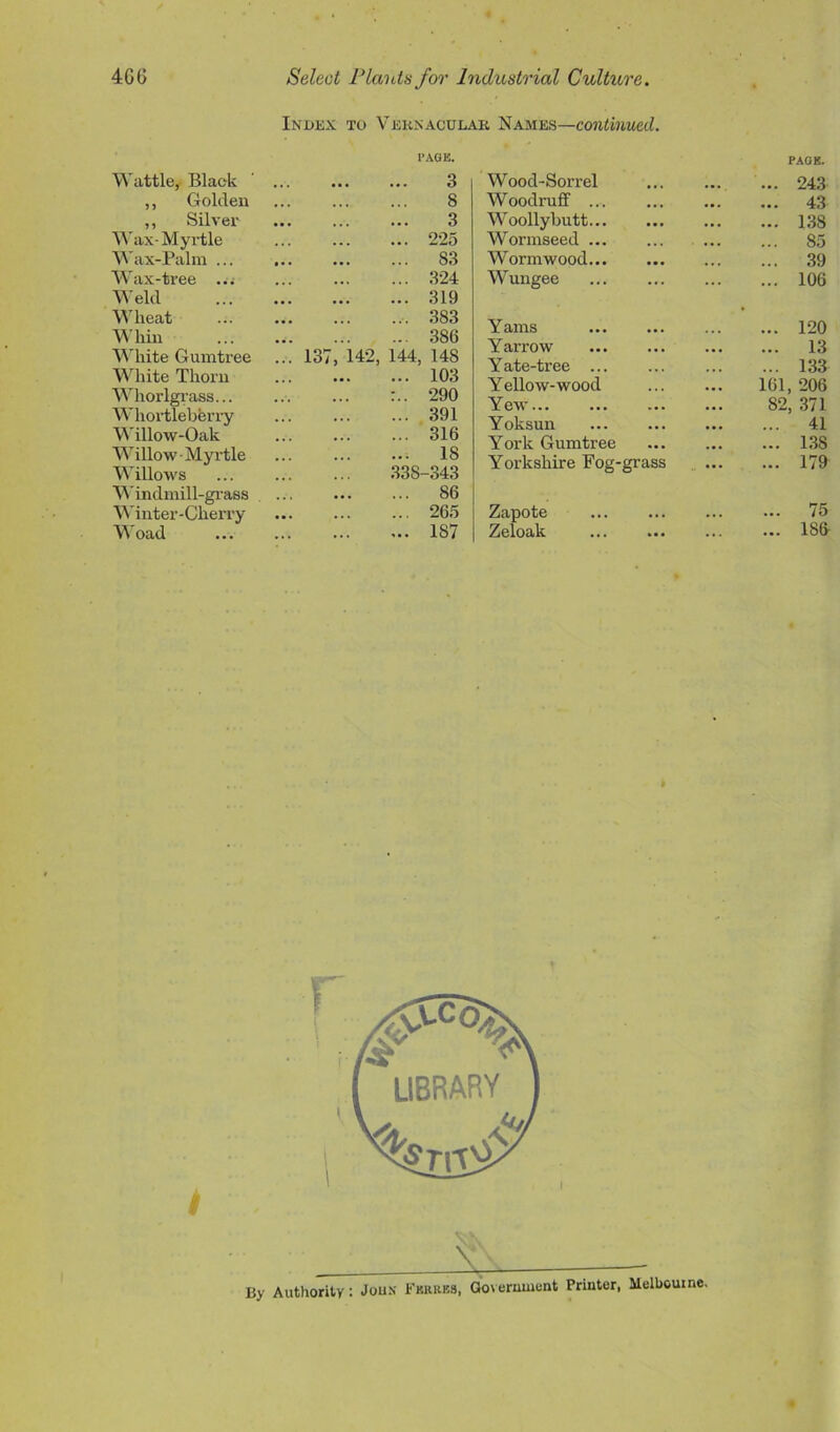 Index to Vernacular Names—continued. PAGE. Wattle, Black 3 ,, Golden 8 ,, Silver 3 Wax-Myrtle 225 Wax-Palm ... 83 Wax-tree 324 Weld 319 Wheat 383 Whin 386 White Gumtree 137, 142, 144, 148 White Thorn 103 Whorlgrass... :.. 290 Whortleberry 391 Willow-Oak 316 Willow-Myrtle 18 Willows 33S-343 Windmill-grass 86 Winter-Cherry • • . 265 Woad ,,, 1S7 Wood-Sorrel PAGE. 243 Woodruff ... 43 Woolly butt... 138 Wormseed ... 85 Wormwood... 39 Wungee 106 Yams 120 Yarrow 13 Yate-tree ... 133 Yellow-wood 161, 206 Yew 82, 371 Yoksun 41 York Gumtree 138 Yorkshire Fog-grass 179 Zapote 75 Zeloak • • • 186