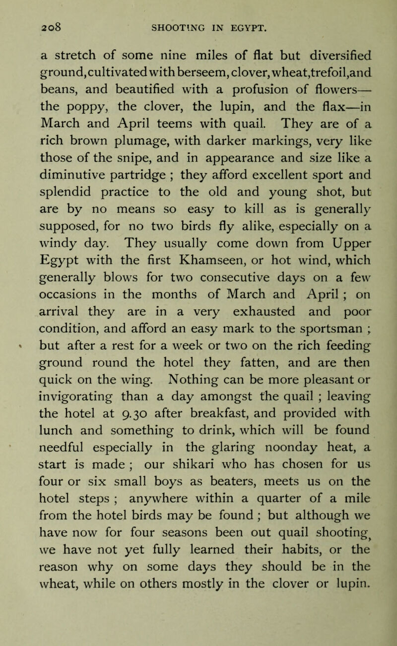 a stretch of some nine miles of flat but diversified ground, cultivated with berseem, clover, wheat,trefoil,and beans, and beautified with a profusion of flowers— the poppy, the clover, the lupin, and the flax—in March and April teems with quail. They are of a rich brown plumage, with darker markings, very like those of the snipe, and in appearance and size like a diminutive partridge ; they afford excellent sport and splendid practice to the old and young shot, but are by no means so easy to kill as is generally supposed, for no two birds fly alike, especially on a windy day. They usually come down from Upper Egypt with the first Khamseen, or hot wind, which generally blows for two consecutive days on a few occasions in the months of March and April ; on arrival they are in a very exhausted and poor condition, and afford an easy mark to the sportsman ; but after a rest for a week or two on the rich feeding ground round the hotel they fatten, and are then quick on the wing. Nothing can be more pleasant or invigorating than a day amongst the quail ; leaving the hotel at 9.30 after breakfast, and provided with lunch and something to drink, which will be found needful especially in the glaring noonday heat, a start is made ; our shikari who has chosen for us four or six small boys as beaters, meets us on the hotel steps ; anywhere within a quarter of a mile from the hotel birds may be found ; but although we have now for four seasons been out quail shooting^ we have not yet fully learned their habits, or the reason why on some days they should be in the wheat, while on others mostly in the clover or lupin.