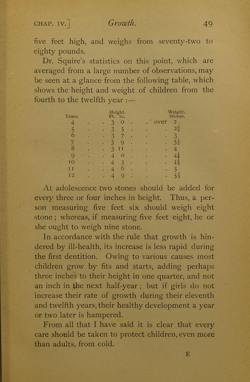 five feet high, and weighs from seventy-two to eighty pounds. Dr. Squire’s statistics on this point, which are averaged from a large number of observations, may be seen at a glance from the following table, which shows the height and weight of children from the fourth to the twelfth year :— Height. Weight. Years. Ft. in. Stones. 4 'I O . . over 2 5 0 5 • . 2f 6 o J 7 • • JL 7 0 9 • J3 8 3 II . • 4 9 4 o . • 4t lO 4 3 • • 4i 11 4 6 . • 5 12 4 9 • ■ 52 At adolescence two stones should be added for every three or four inches in height. Thus, a per- son measuring five feet six should weigh eight stone; whereas, if measuring five feet eight, he or she ought to weigh nine stone. In accordance with the rule that growth is hin- dered by ill-health, its increase is less rapid during the first dentition. Owing to various causes most children grow by fits and starts, adding perhaps three inches to their height in one quarter, and not an inch in the next half-year ; but if girls do not increase their rate of growth during their eleventh and twelfth years, their healthy development a year or two later is hampered. From all that I have said it is clear that every care should be taken to protect children, even more than adults, from cold. E