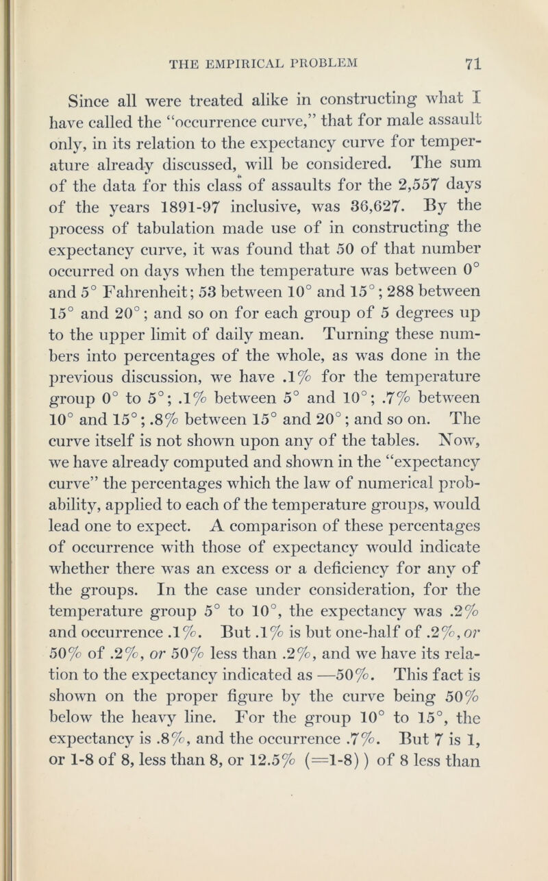 Since all were treated alike in constructing what I have called the “occurrence curve,” that for male assault only, in its relation to the expectancy curve for temper- ature already discussed, will he considered. The sum of the data for this class of assaults for the 2,557 days of the years 1891-97 inclusive, was 36,627. By the jirocess of tabulation made use of in constructing the expectancy curve, it was found that 50 of that number occurred on days when the temperature was between 0° and 5° Fahrenheit; 53 between 10° and 15°; 288 between 15° and 20°; and so on for each group of 5 degrees up to the upper limit of daily mean. Turning these num- bers into percentages of the whole, as was done in the previous discussion, we have .1% for the temperature group 0° to 5°; .1% between 5° and 10°; .7% between 10° and 15°; .8% between 15° and 20° ; and so on. The curve itself is not shown upon any of the tables. Now, we have already computed and shown in the “expectancy curve” the percentages which the law of numerical prob- ability, applied to each of the temperature groups, would lead one to expect. A comparison of these percentages of occurrence with those of expectancy would indicate whether there was an excess or a deficiency for any of the groups. In the case under consideration, for the temperature group 5° to 10°, the expectancy was .2% and occurrence .1%. But .1% is but one-half of .2%, or 50% of .2%, or 50% less than .2%, and we have its rela- tion to the expectancy indicated as —50%. This fact is shown on the proper figure by the curve being 50% below the heavy line. For the group 10° to 15°, the expectancy is .8%, and the occurrence .7%. But 7 is 1, or 1-8 of 8, less than 8, or 12.5% (—1-8)) of 8 less than