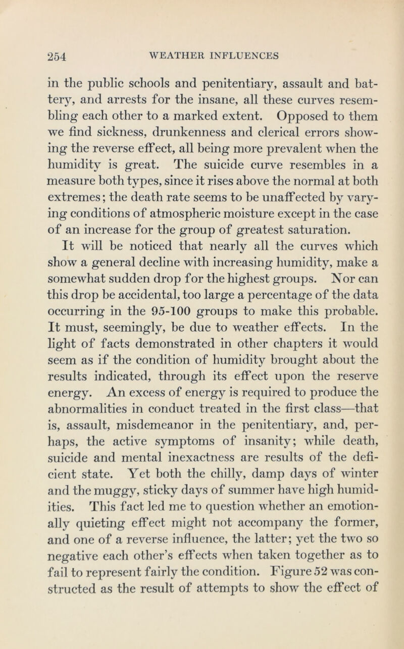 in the public schools and penitentiary, assault and bat- teiy, and arrests for the insane, all these curves resem- bling each other to a marked extent. Opposed to them we find sickness, drunkenness and clerical errors show- ing the reverse eff ect, all being more prevalent when the humidity is great. The suicide curve resembles in a measure both types, since it rises above the normal at both extremes; the death rate seems to be unaff ected by vary- ing conditions of atmospheric moisture except in the case of an increase for the group of greatest saturation. It will be noticed that nearly all the curves which show a general decline with increasing humidity, make a somewhat sudden drop for the highest groups. Nor can this drop be accidental, too large a percentage of the data occurring in the 95-100 groups to make this probable. It must, seemingly, be due to weather effects. In the light of facts demonstrated in other chapters it would seem as if the condition of humidity brought about the results indicated, through its effect upon the reserve energy. An excess of energy is required to produce the abnormalities in conduct treated in the first class—that is, assault, misdemeanor in the penitentiary, and, per- haps, the active symptoms of insanity; while death, suicide and mental inexactness are results of the defi- cient state. Yet both the chilly, damp days of winter and the muggy, sticky days of summer have high humid- ities. This fact led me to question whether an emotion- ally quieting effect might not accompany the former, and one of a reverse influence, the latter; yet the two so negative each other’s effects when taken together as to fail to represent fairly the condition. Figure 52 was con- structed as the result of attempts to show the effect of