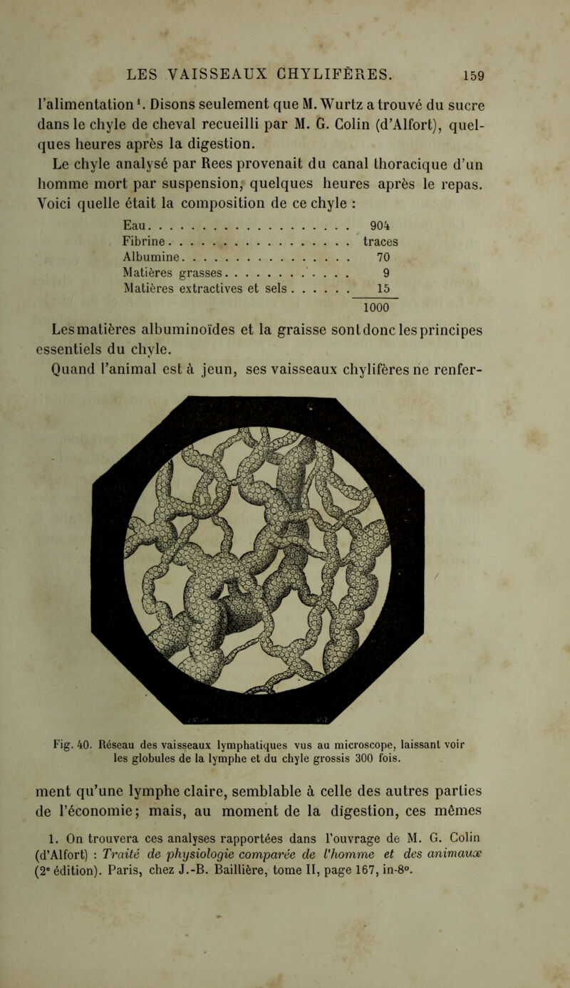 l'alimentation1. Disons seulement que M.Wurtz a trouvé du sucre dans le chyle de cheval recueilli par M. G. Colin (d'Alfort), quel- ques heures après la digestion. Le chyle analysé par Rees provenait du canal thoracique d’un homme mort par suspension, quelques heures après le repas. Voici quelle était la composition de ce chyle : Eau 904 Fibrine traces Albumine 70 Matières grasses 9 Matières extractives et sels 15 1000 Les matières albuminoïdes et la graisse sont donc les principes essentiels du chyle. Quand l'animal est à jeun, ses vaisseaux chylifères ne renfer- Fig. 40. Réseau des vaisseaux lymphatiques vus au microscope, laissant voir les globules de la lymphe et du chyle grossis 300 fois. ment qu’une lymphe claire, semblable à celle des autres parties de l’économie; mais, au moment de la digestion, ces mêmes 1. On trouvera ces analyses rapportées dans l’ouvrage de M. G. Colin (d’Alfort) : Traité de physiologie comparée de L'homme et des animaux (2e édition). Paris, chez J.-B. Baillière, tome II, page 167, in-8°.