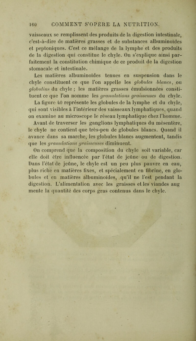 vaisseaux se remplissent des produits de la digestion intestinale, c’est-à-dire de matières grasses et de substances albuminoïdes et peptoniques. C’est ce mélange de la lymphe et des produits de la digestion qui constitue le chyle. On s’explique ainsi par- faitement la constitution chimique de ce produit de la digestion stomacale et intestinale. Les matières albuminoïdes tenues en suspension dans le chyle constituent ce que l’on appelle les globules blancs, ou globulins du chyle ; les matières grasses émulsionnées consti- tuent ce que l’on nomme les granulations graisseuses du chyle. La figure 40 représente les globules de la lymphe et du chyle, qui sont visibles à l’intérieur des vaisseaux lymphatiques, quand on examine au microscope le réseau lymphatique chez l’homme. Avant de traverser les ganglions lymphatiques du mésentère, le chyle ne contient que très-peu de globules blancs. Quand il avance dans sa marche, les globules blancs augmentent, tandis que les granulations graisseuses diminuent. On comprend que la composition du chyle soit variable, car elle doit être influencée par l’état de jeûne ou de digestion. Dans l’état, de jeûne, le chyle est un peu plus pauvre en eau, plus riche en matières fixes, et spécialement en fibrine, en glo- bules et en matières albuminoïdes, qu’il ne l’est pendant la digestion. L’alimentation avec les graisses et les viandes aug mente la quantité des corps gras contenus dans le chyle.