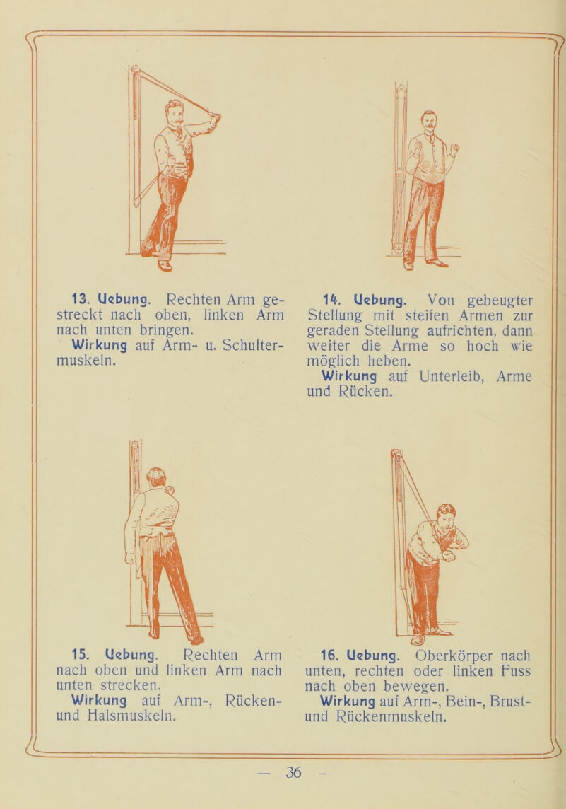 13. Ucbung. Rechten Arm ge- streckt nach oben, linken Arm nach unten bringen. Wirkung auf Arm- u. Schulter- muskeln. \k. Ikbung. Von gebeugter Stellung mit steifen Armen zur geraden Stellung aufrichten, dann weiter die Arme so hoch wie möglich heben. Wirkung auf Unterleib, Arme und Rücken. 15. Uebung, Rechten Arm nach oben und linken Arm nach unten strecken. Wirkung auf Arm-, Rücken- und Halsmuskeln. 16. U<zbung. Oberkörper nach unten, rechten oder linken Fuss nach oben bewegen. Wirkung auf Arm-, Bein-, Brust- und Rückenmuskeln.