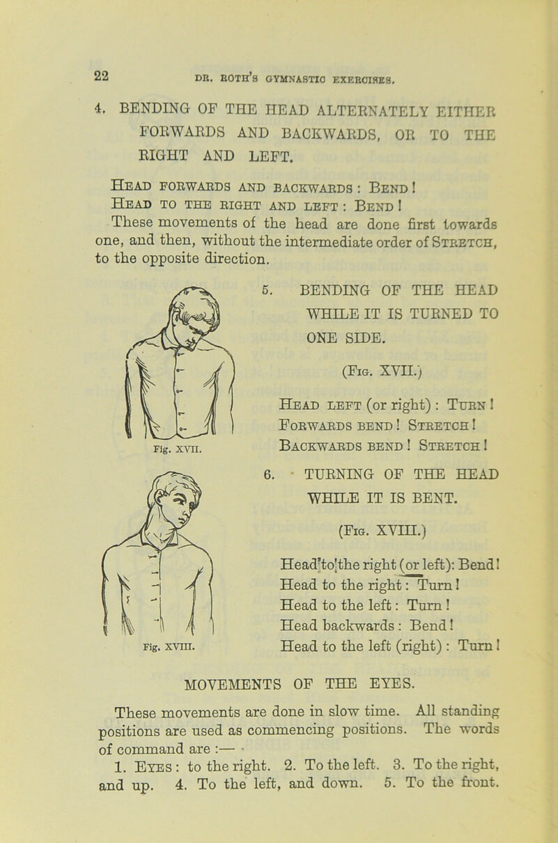 4. BENDING OF THE HEAD ALTERNATELY EITHER FORWARDS AND BACKWARDS, OR TO THE RIGHT AND LEFT. Head forwards and backwards : Bend ! Head to the right and left : Bend I These movements of the head are done first towards one, and then, without the intermediate order of Stretch, to the opposite direction. 5. BENDING OF THE HEAD WHILE IT IS TURNED TO ONE SIDE. (Fig. XVH.) Head left (or right): Turn ! Forwards bend ! Stretch ! Backwards bend ! Stretch I 6. ■ TURNING OF THE HEAD WHILE IT IS BENT. (Fig. XVIH.) Head’to'the right (or left): Bend! Head to the right: Turn! Head to the left: Turn ! Head backwards : Bend! Head to the left (right) : Turn I MOVEMENTS OF THE EYES. These movements are done in slow time. All standing positions are used as commencing positions. The words of command are :— • 1. Eyes: to the right. 2. To the left. 3. To the right, and up. 4. To the left, and down. 5. To the front.